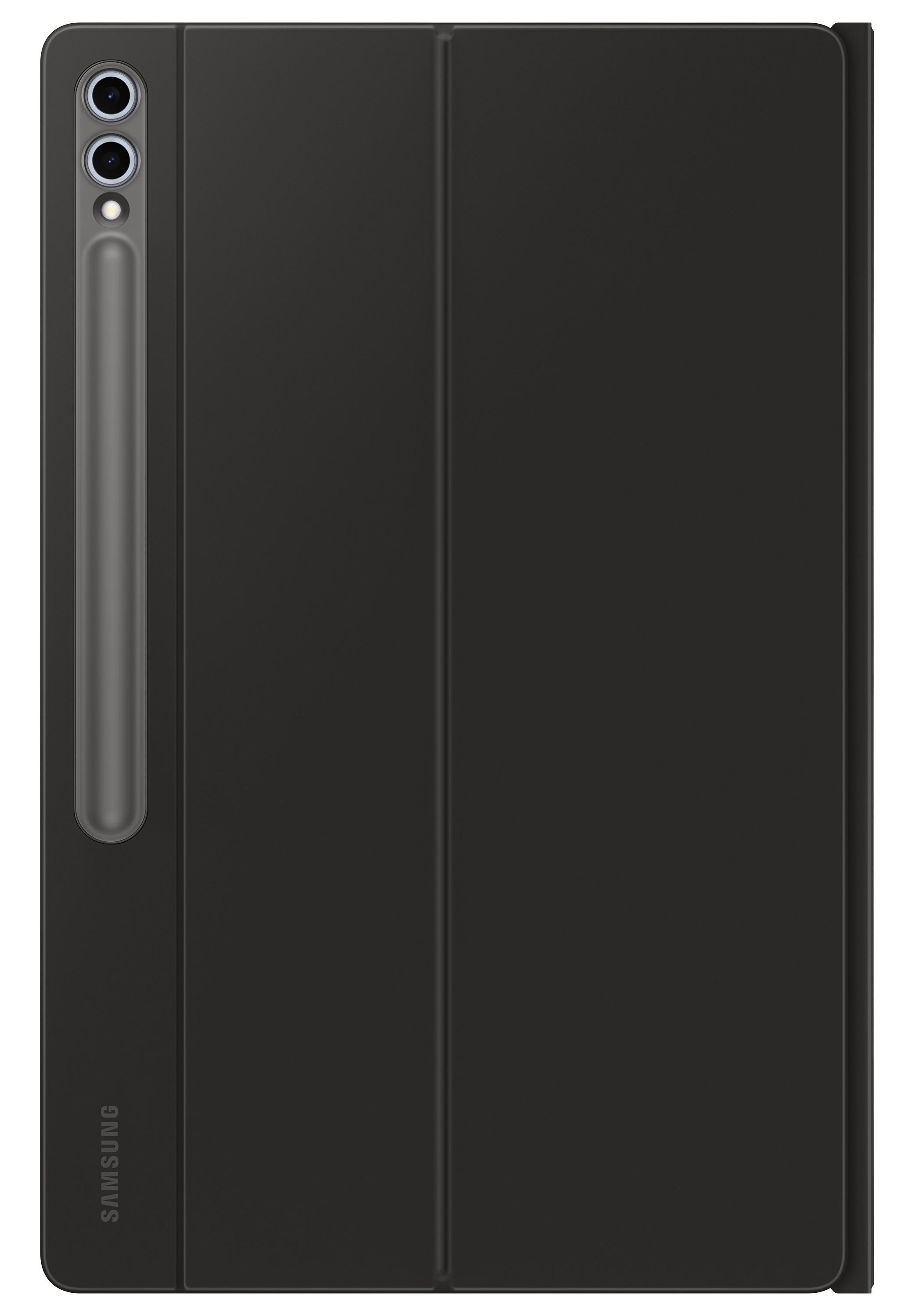 Czarny pokrowiec na tablet z uchwytem na rysik z boku. Pokrowiec jest zamknięty i ma logo Samsung.
