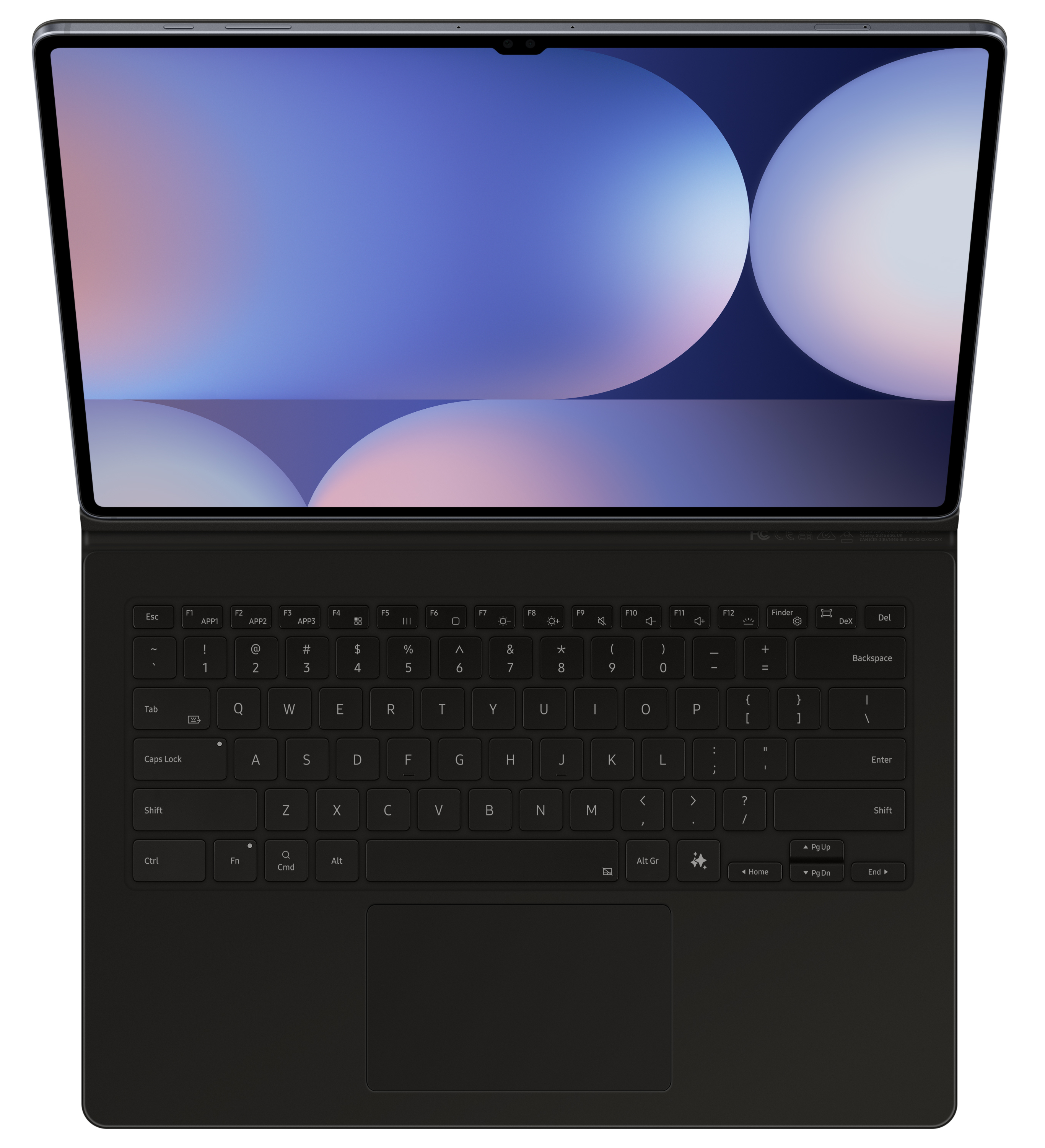 Czarny laptop otwarty, pokazujący ekran z niebiesko-białym gradientem.