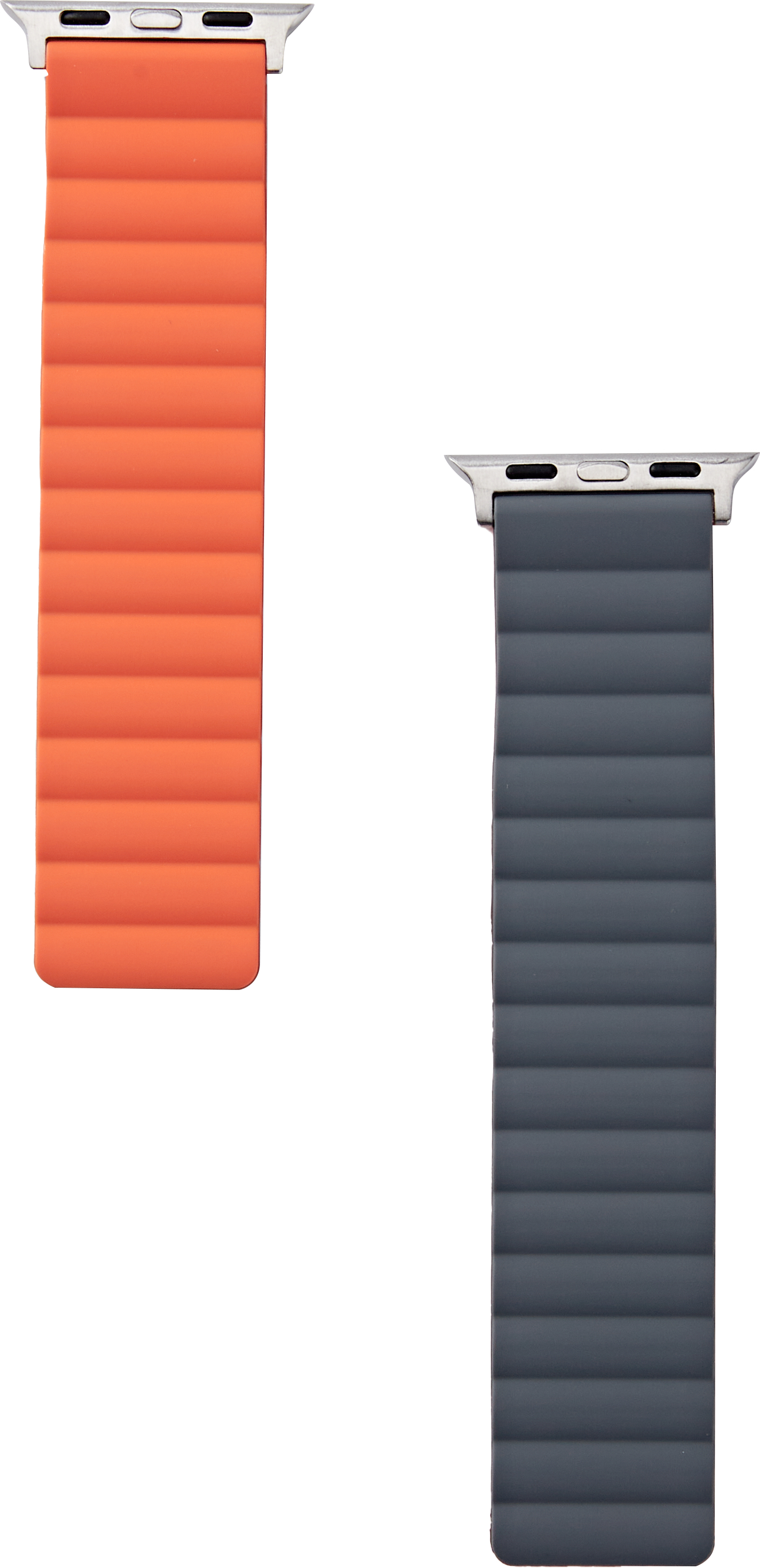 Zwei Apple Watch-Armbänder, eines orange, eines dunkelgrau, mit Metallanschlüssen.