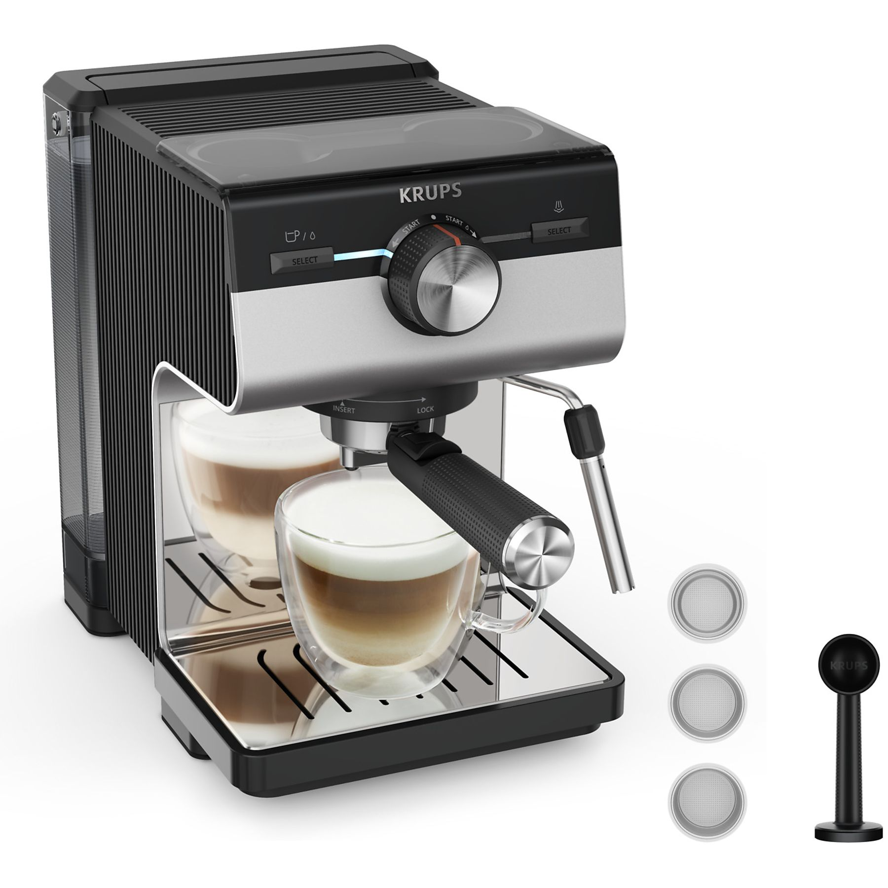 Egy Krups eszpresszó gép két pohár latte-val, és tartozékokkal.