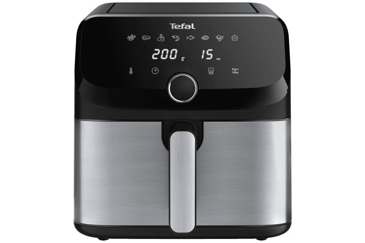 Tefal légkeveréses sütő digitális kijelzővel, fekete-ezüst, fekete háttéren.