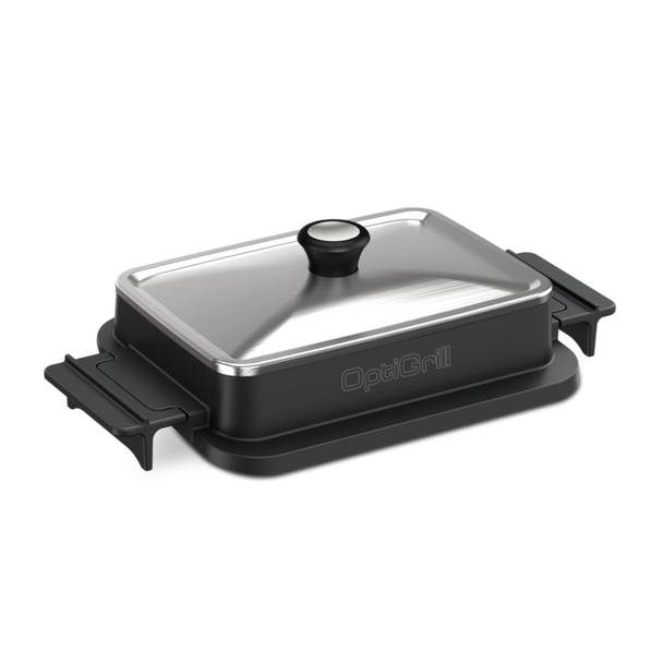 Fekete OptiGrill, zárva, fehér háttérrel. Ezüst teteje és fekete fogantyúi vannak.