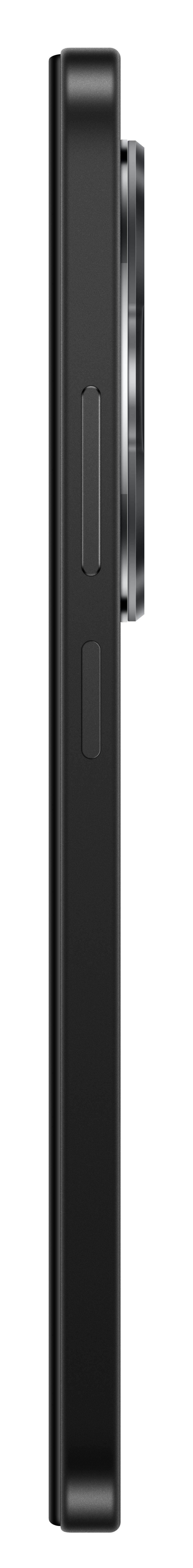 Czarny smartfon, widok z boku. Posiada przyciski z boku i wypukłość aparatu.
