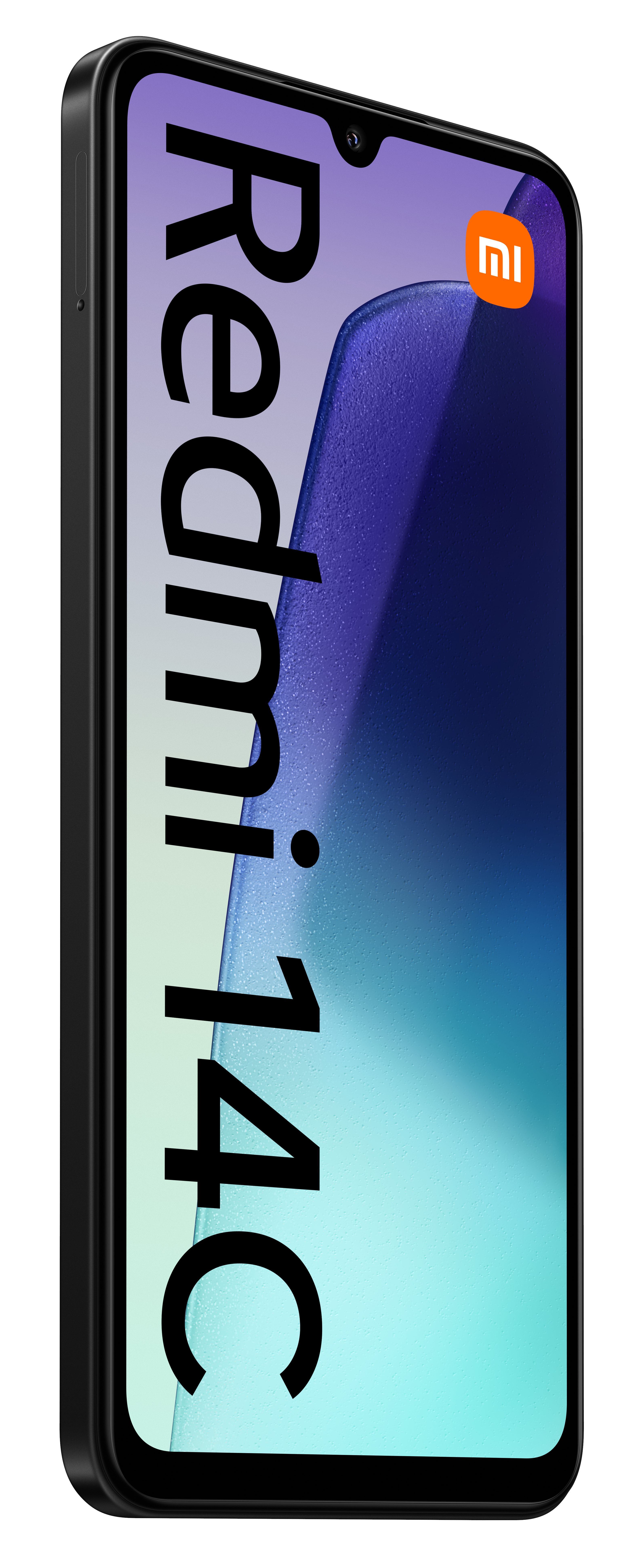 Czarny smartfon w profilu. Ekran pokazuje gradient kolorów i tekst Redmi 14C.