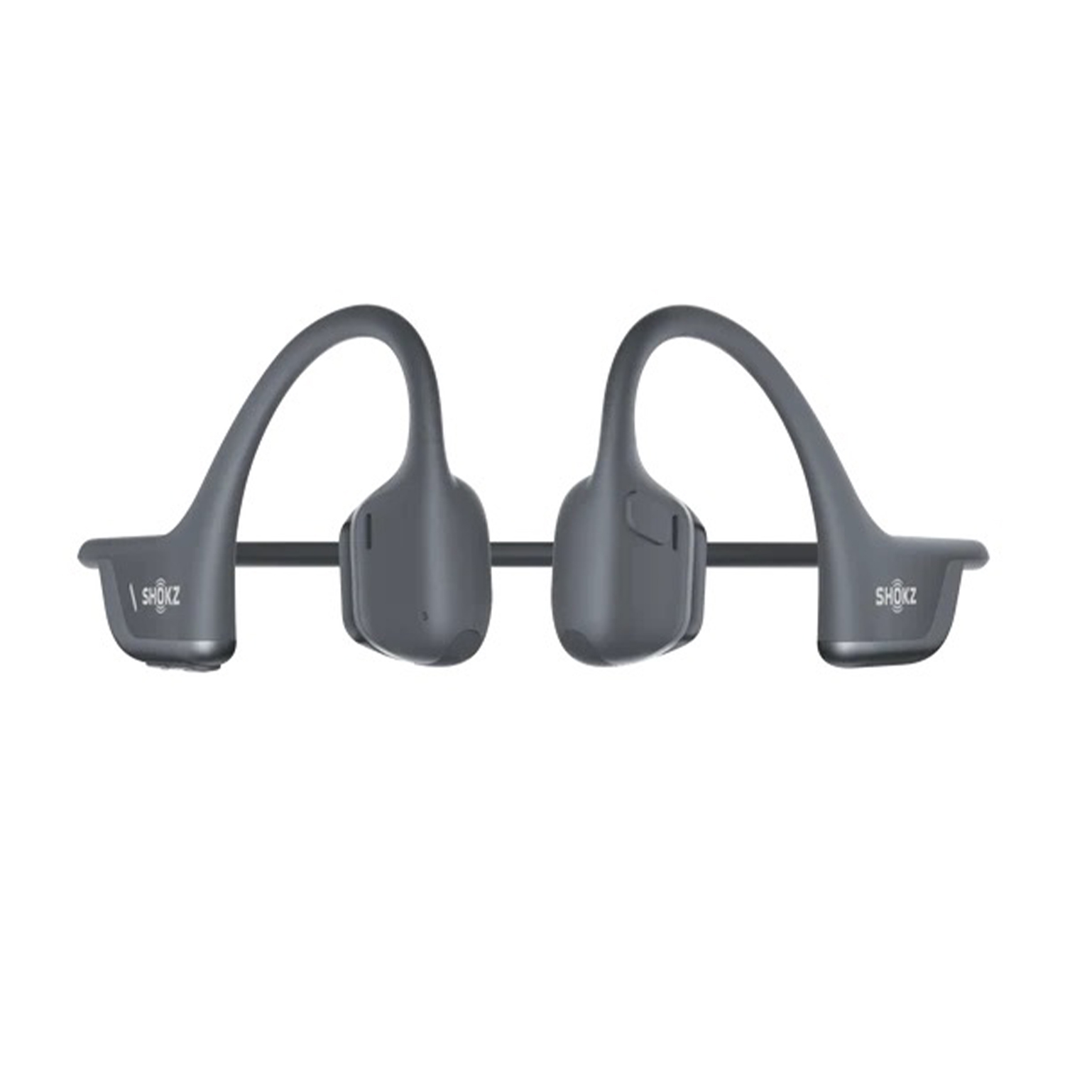 Cuffie a conduzione ossea Shokz grigie, visualizzate su sfondo bianco.