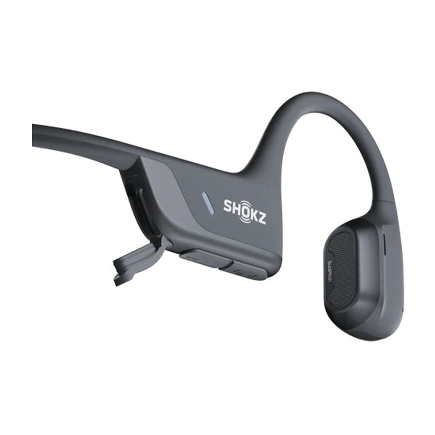 Cuffie Shokz a conduzione ossea grigie. Un auricolare è staccato.