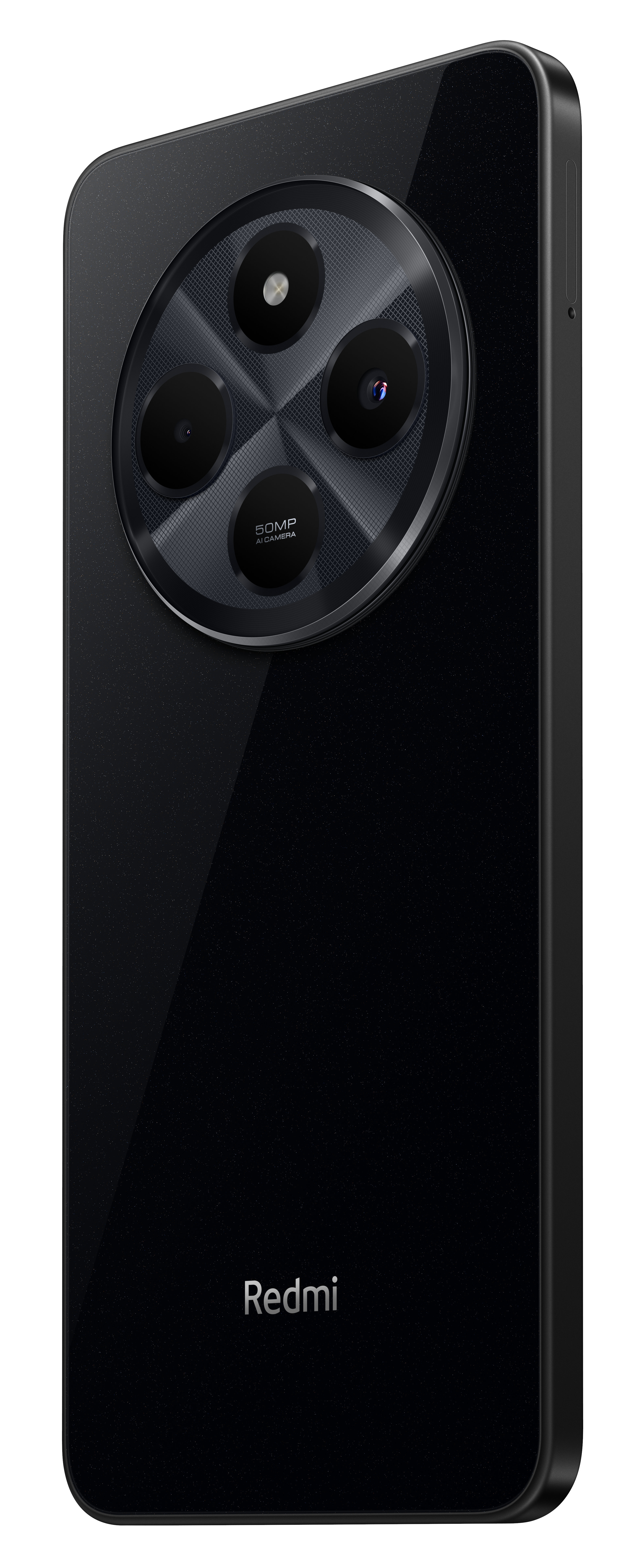 Czarny telefon z teksturowanym tyłem, z dużym modułem aparatu.