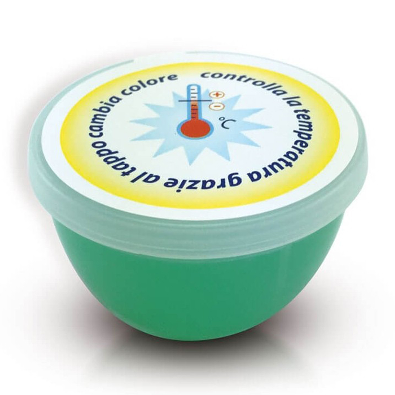 Un piccolo contenitore verde con coperchio bianco, con indicatore di temperatura sopra.