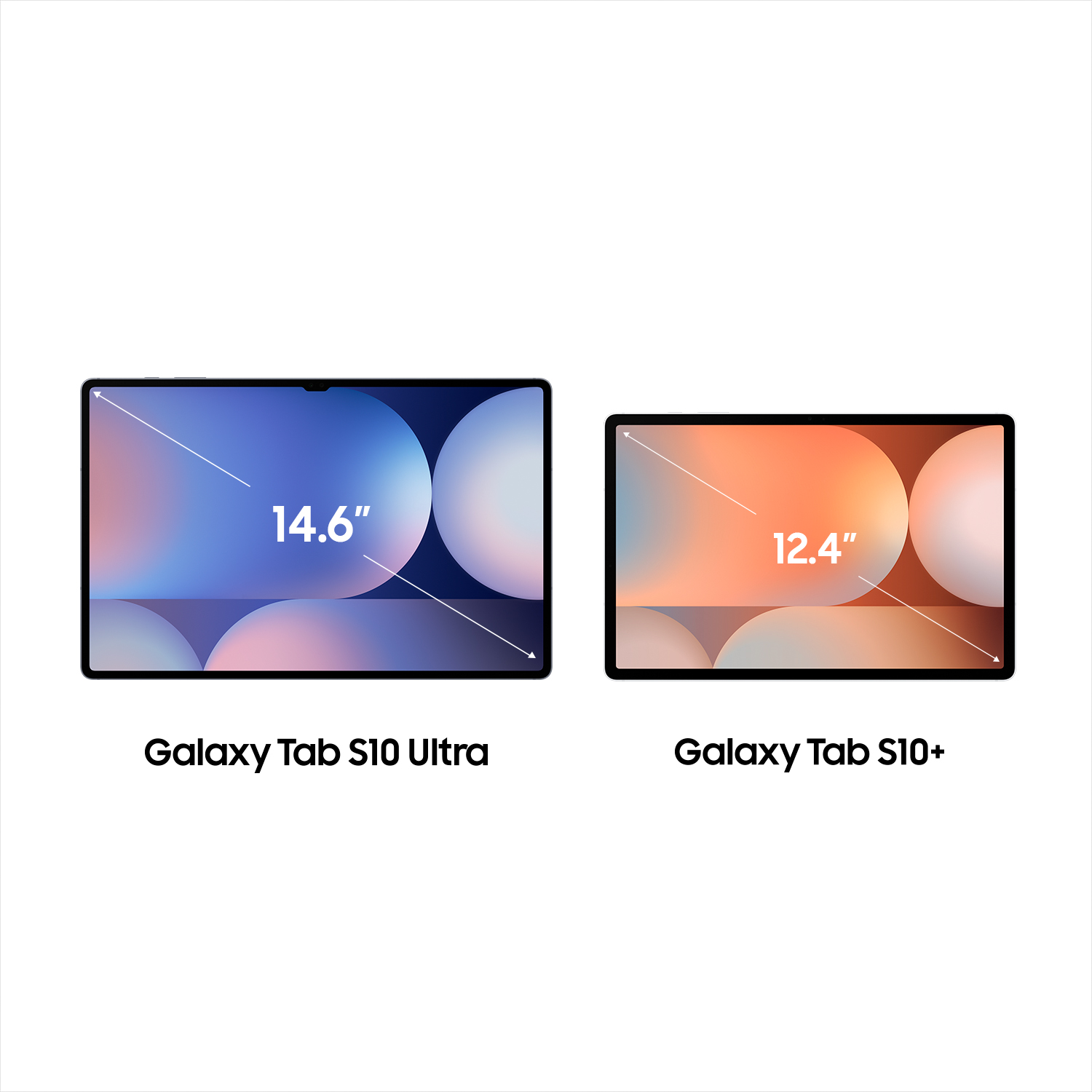Dos tabletas, una de 14,6" y otra de 12,4", con sus dimensiones etiquetadas, sobre una superficie blanca.