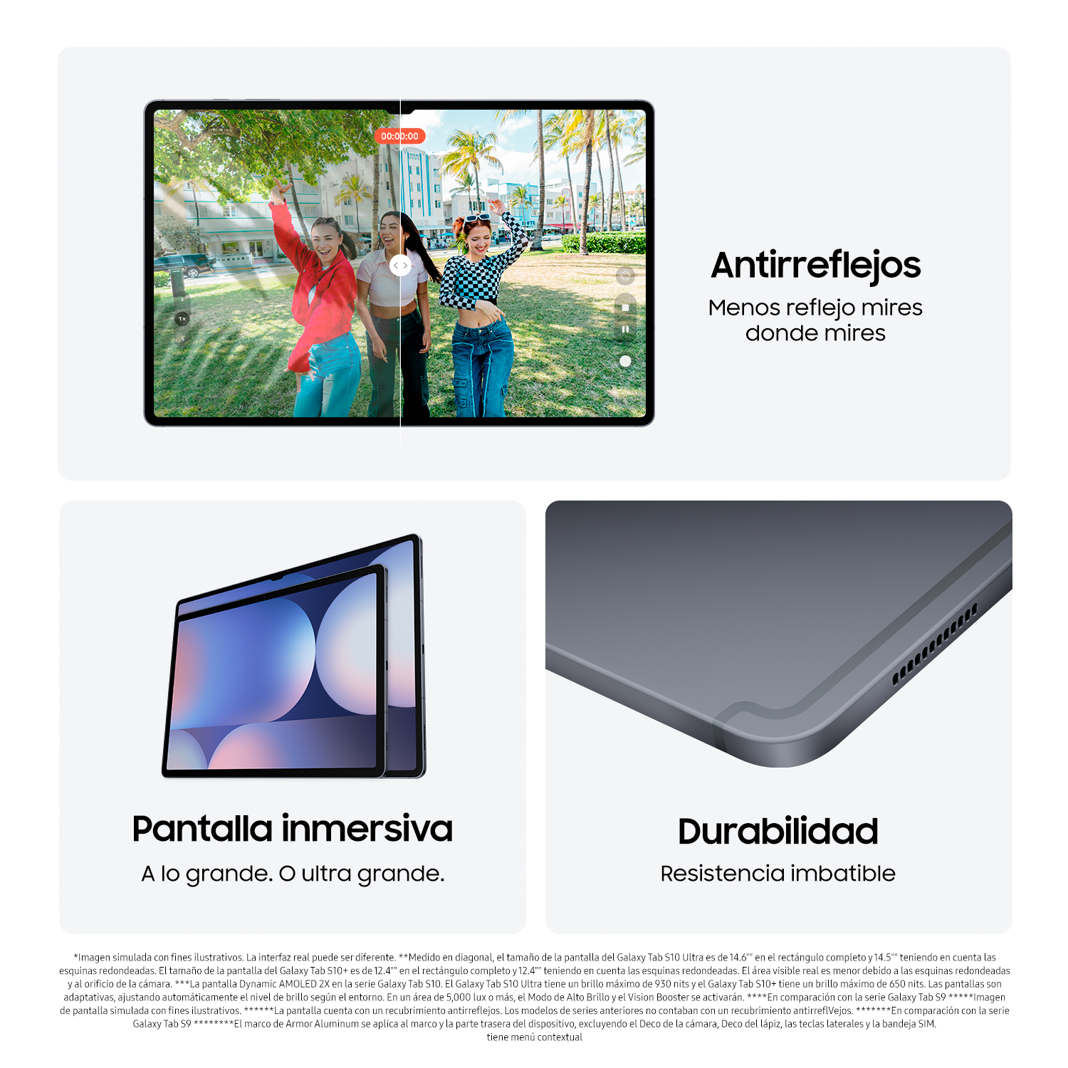 Una pantalla de tableta con un video de personas, con texto sobre pantalla antirreflectante.