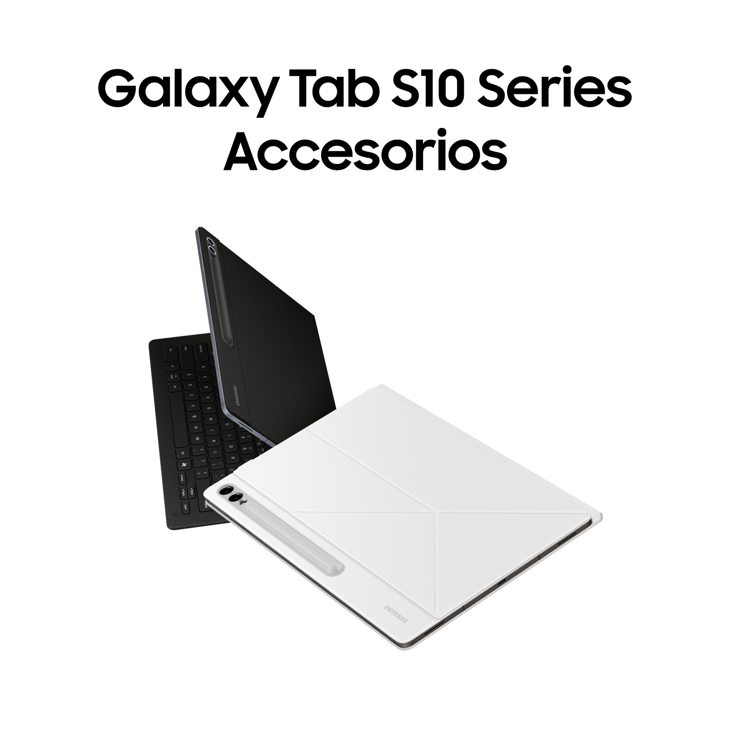 Accesorios de la serie Galaxy Tab S10. Tableta con funda de teclado, colores blanco y negro.