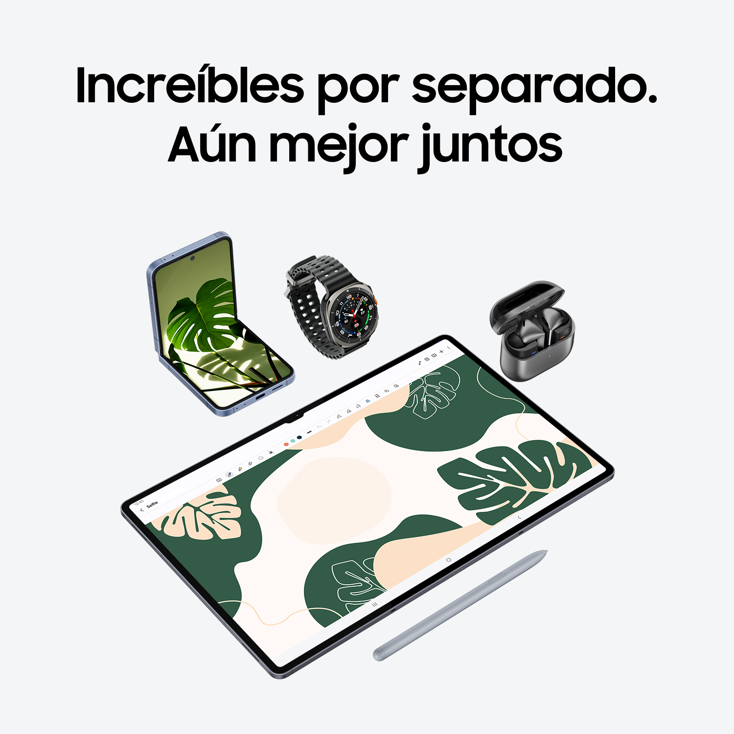 Una tableta, un smartwatch y unos auriculares en una superficie blanca con el texto 'Increíbles por separado. Aún mejor juntos'.