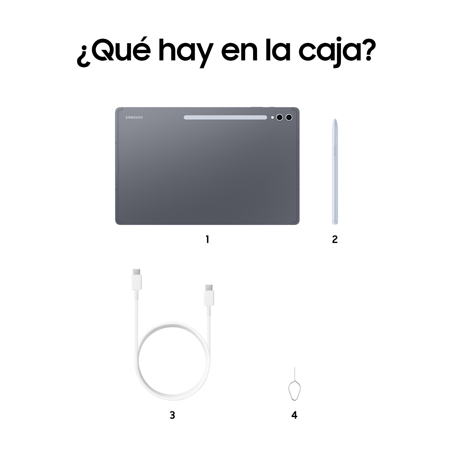 Imagen con texto: '¿Qué hay en la caja?' mostrando una tableta, cable y pin.