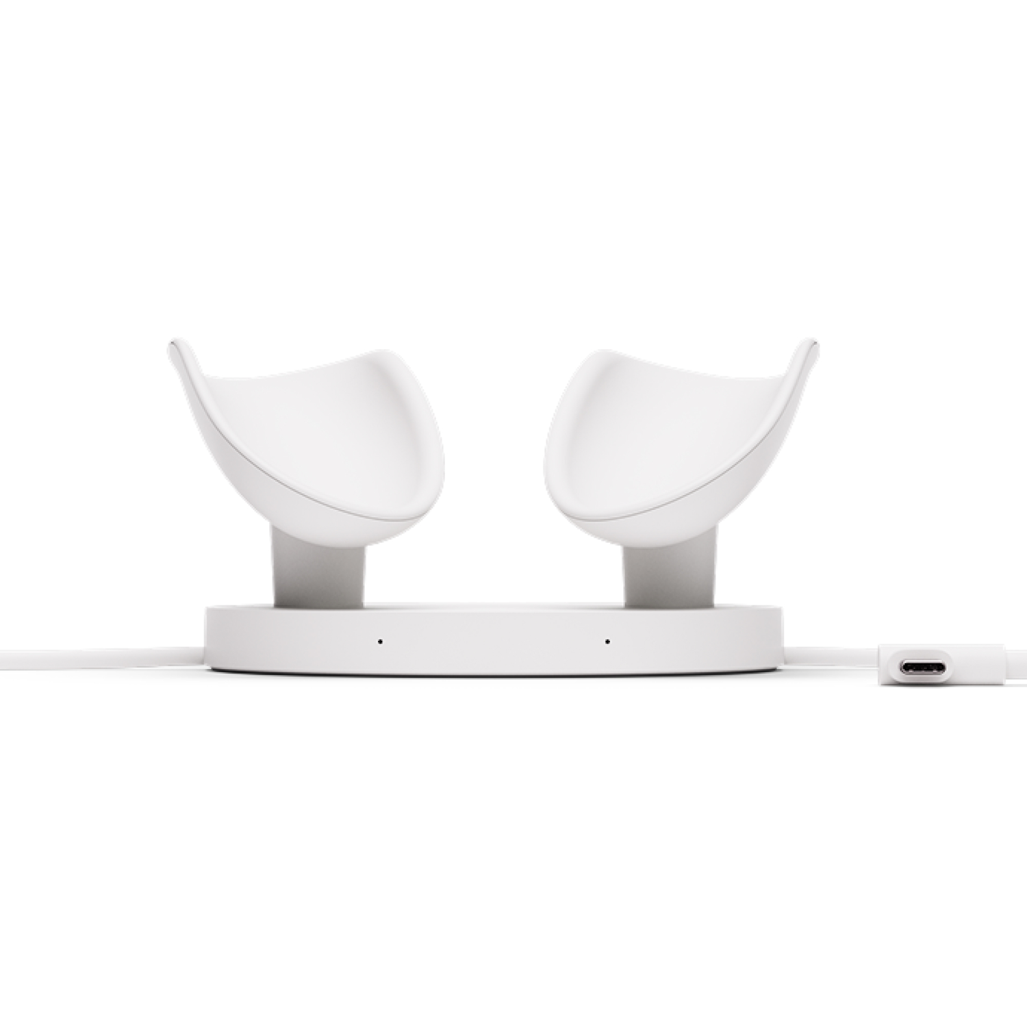 White charging station with two headset holders and a USB-C cable.