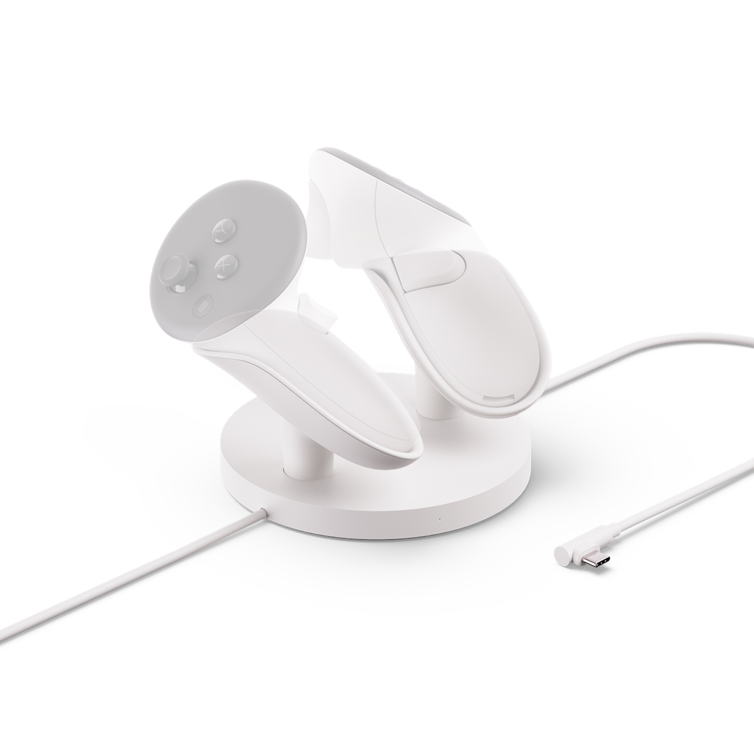 White VR headset stand with controllers on a white background. Cables and connector visible. Clean, modern design.