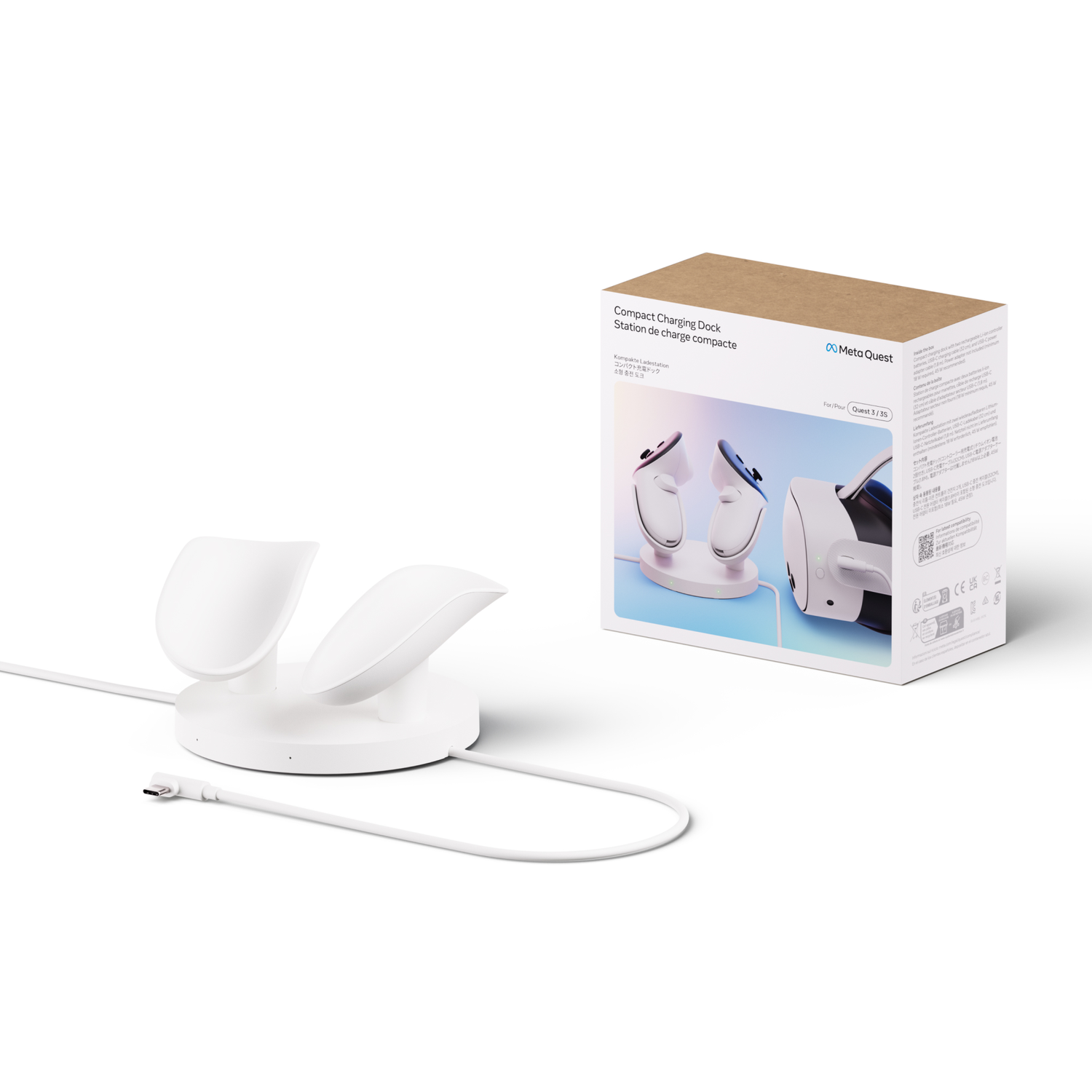 White charging dock with headset, and box with the brand name and product info.