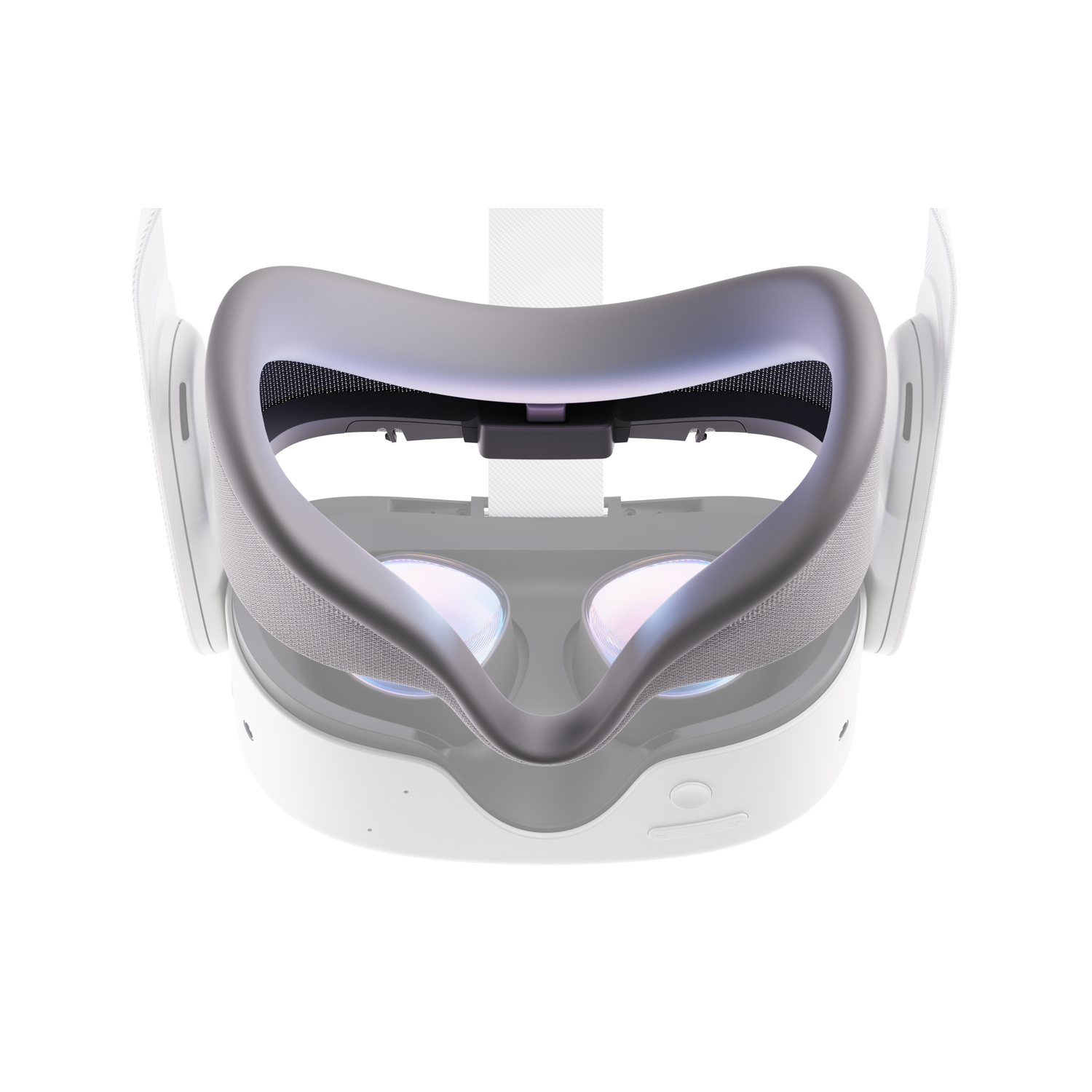 VR-headset. Het is wit met een grijze gezichtsbedekking en witte bandjes. De lenzen zijn zichtbaar.