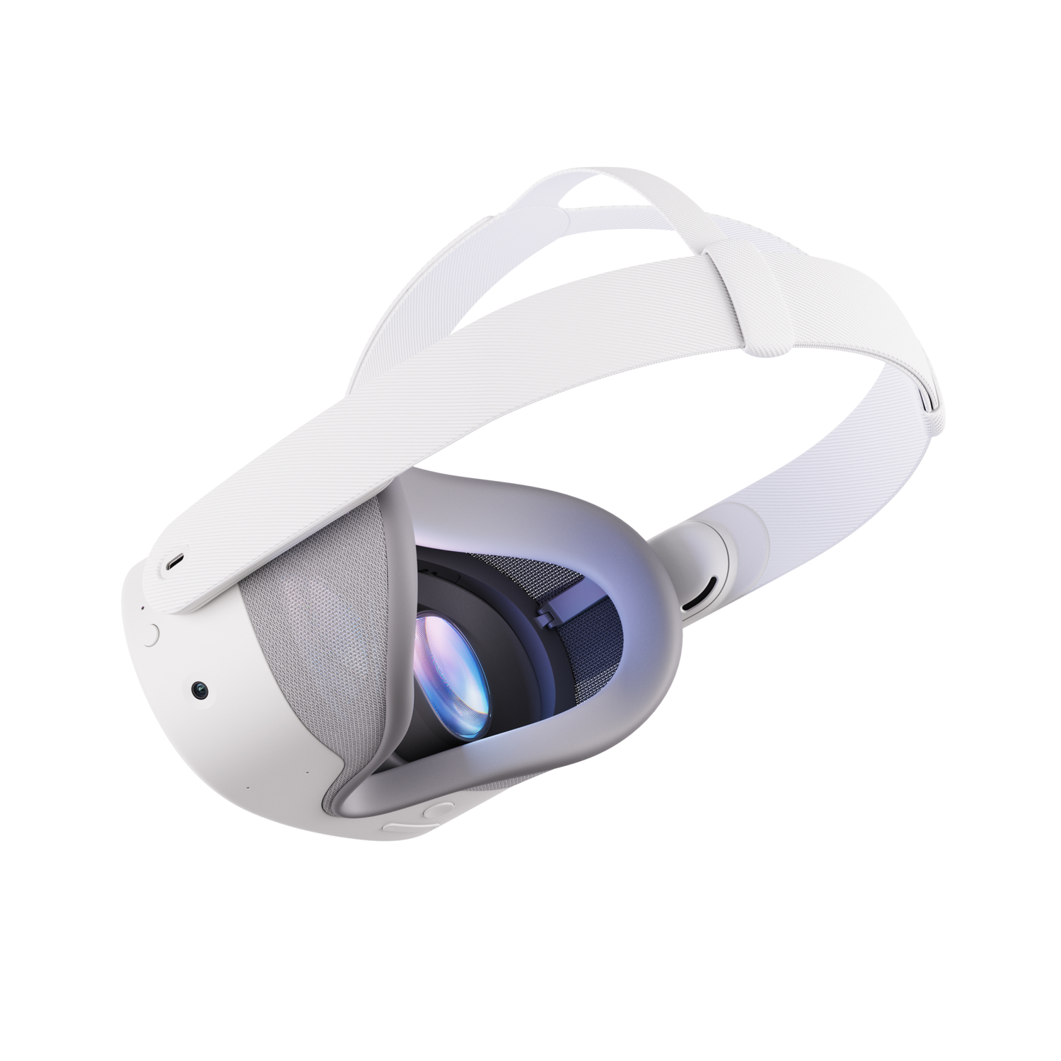 Witte VR-headset met zichtbare lenzen, gekanteld tegen een witte achtergrond.