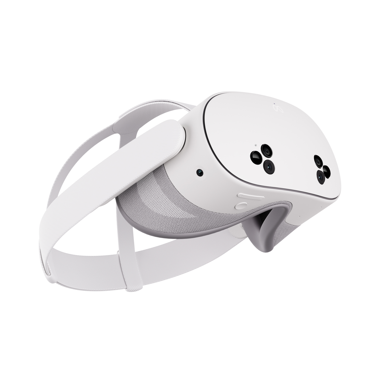 Witte VR-headset met een grijze mesh voorkant en verstelbare bandjes.