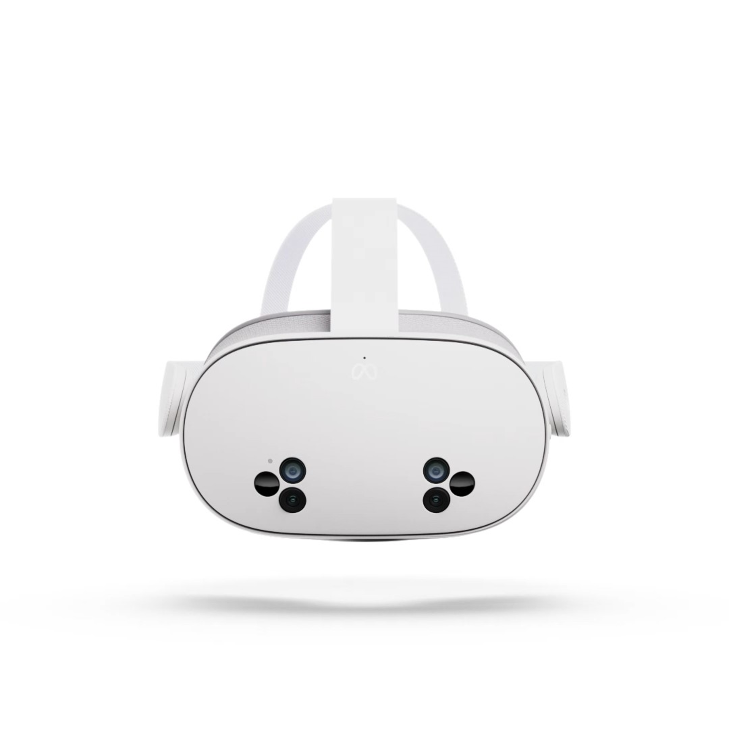 Een witte VR-headset met een bovenste band en twee zijspeakers. Er zitten camera's aan de voorkant.