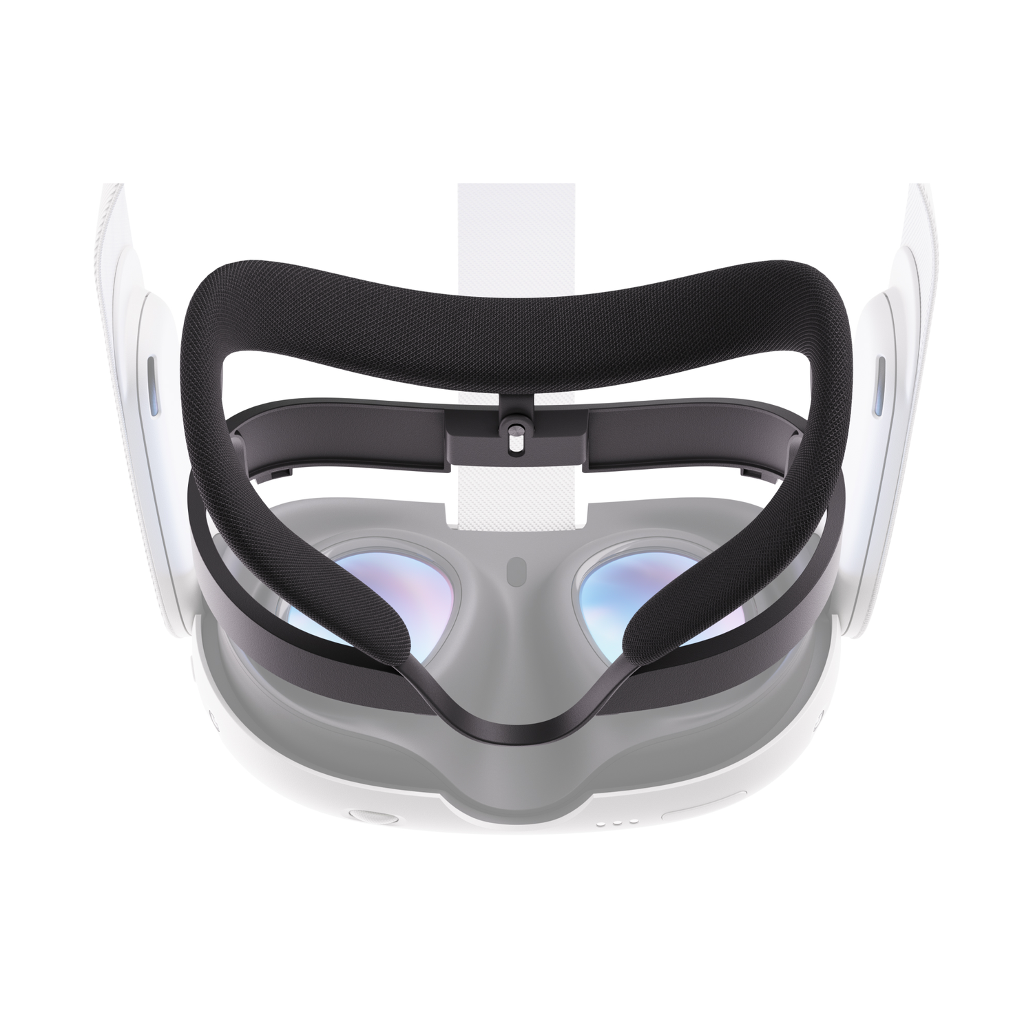VR-headset met zwarte stof, wit frame en lenzen. Geïsoleerd op witte achtergrond.