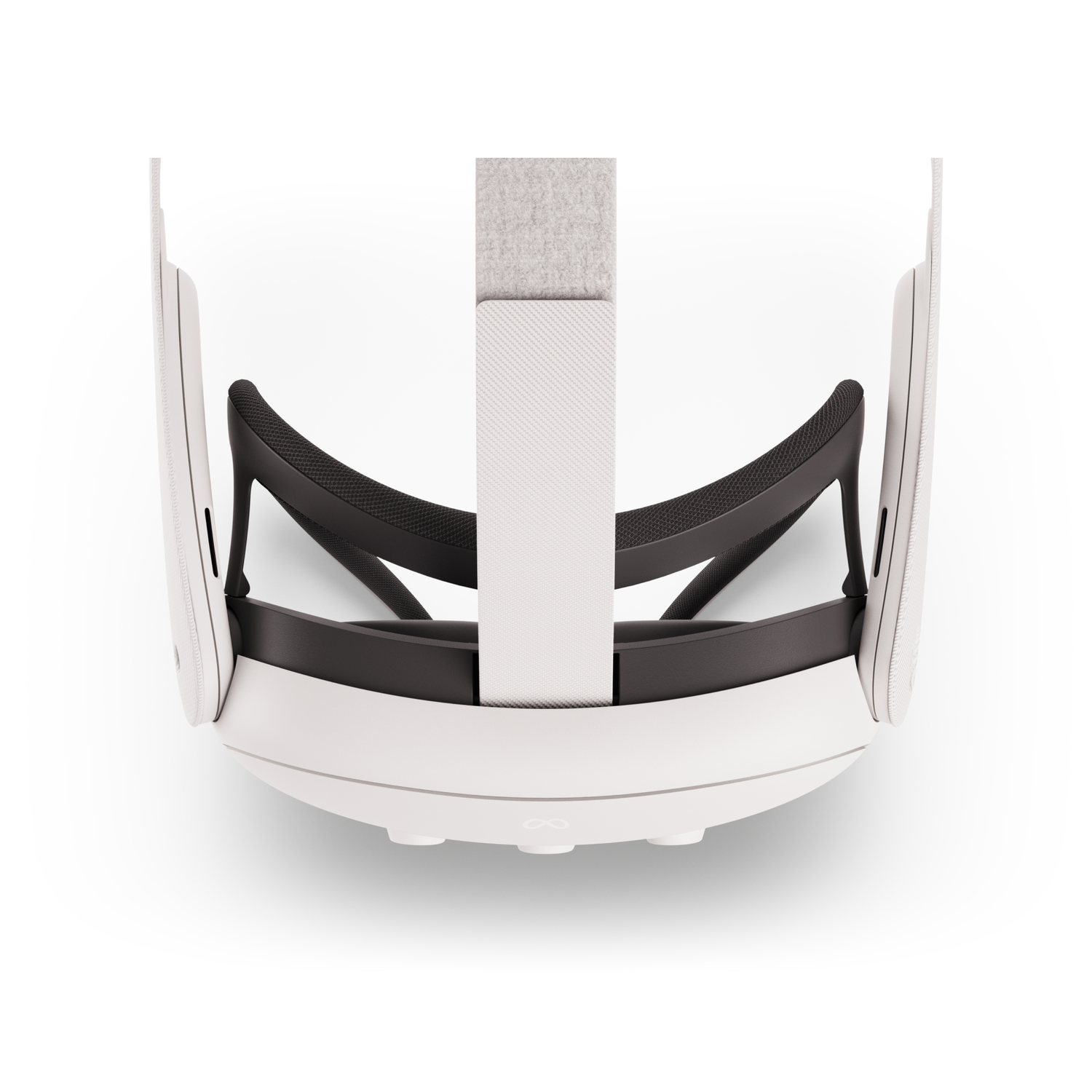 VR-headset, wit met zwarte accenten, bovenaanzicht, toont de hoofdband en lenzen.