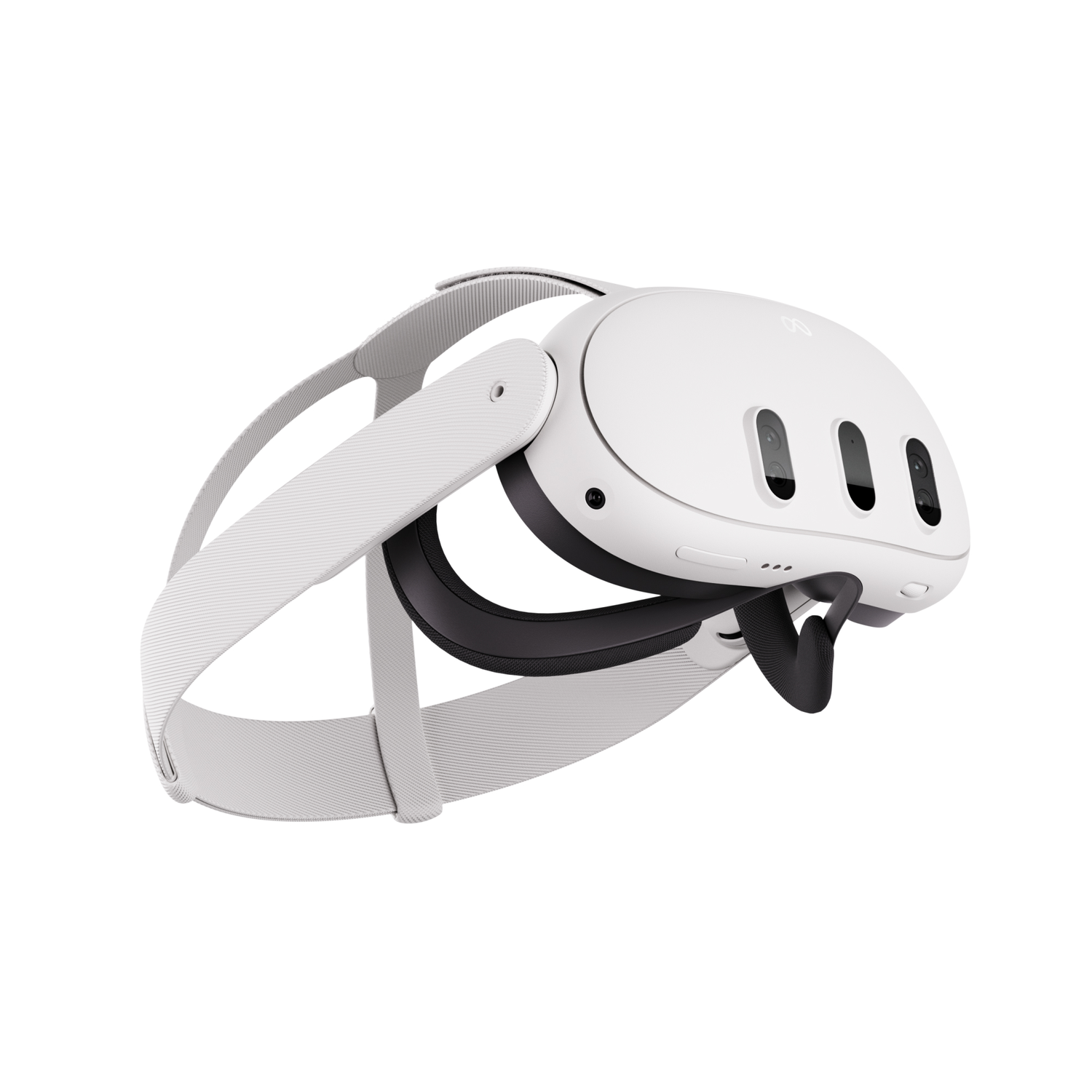 Witte VR-headset, zijaanzicht. De headset heeft drie naar voren gerichte lenzen.