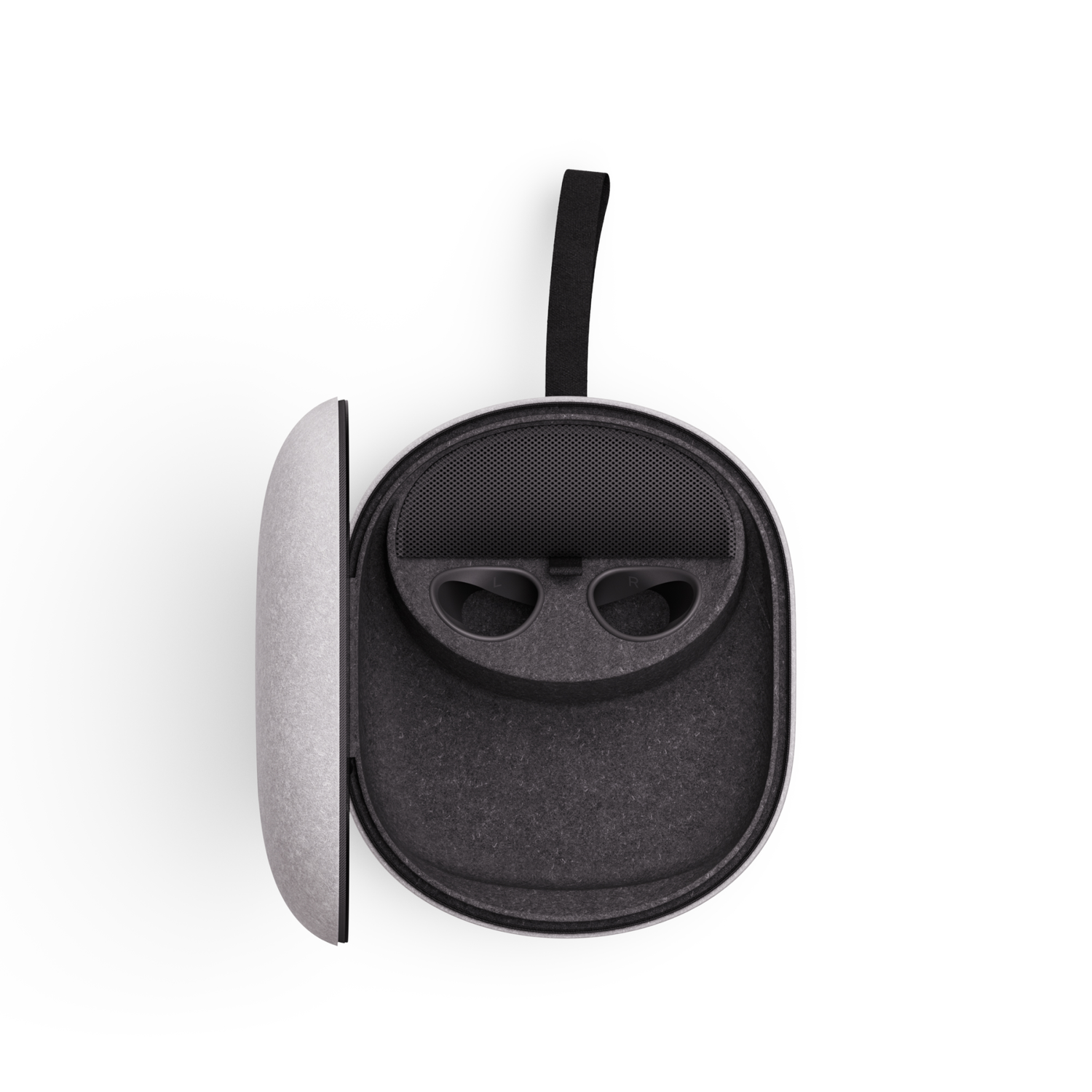 VR-headset-etui open, met headset erin, witte achtergrond.