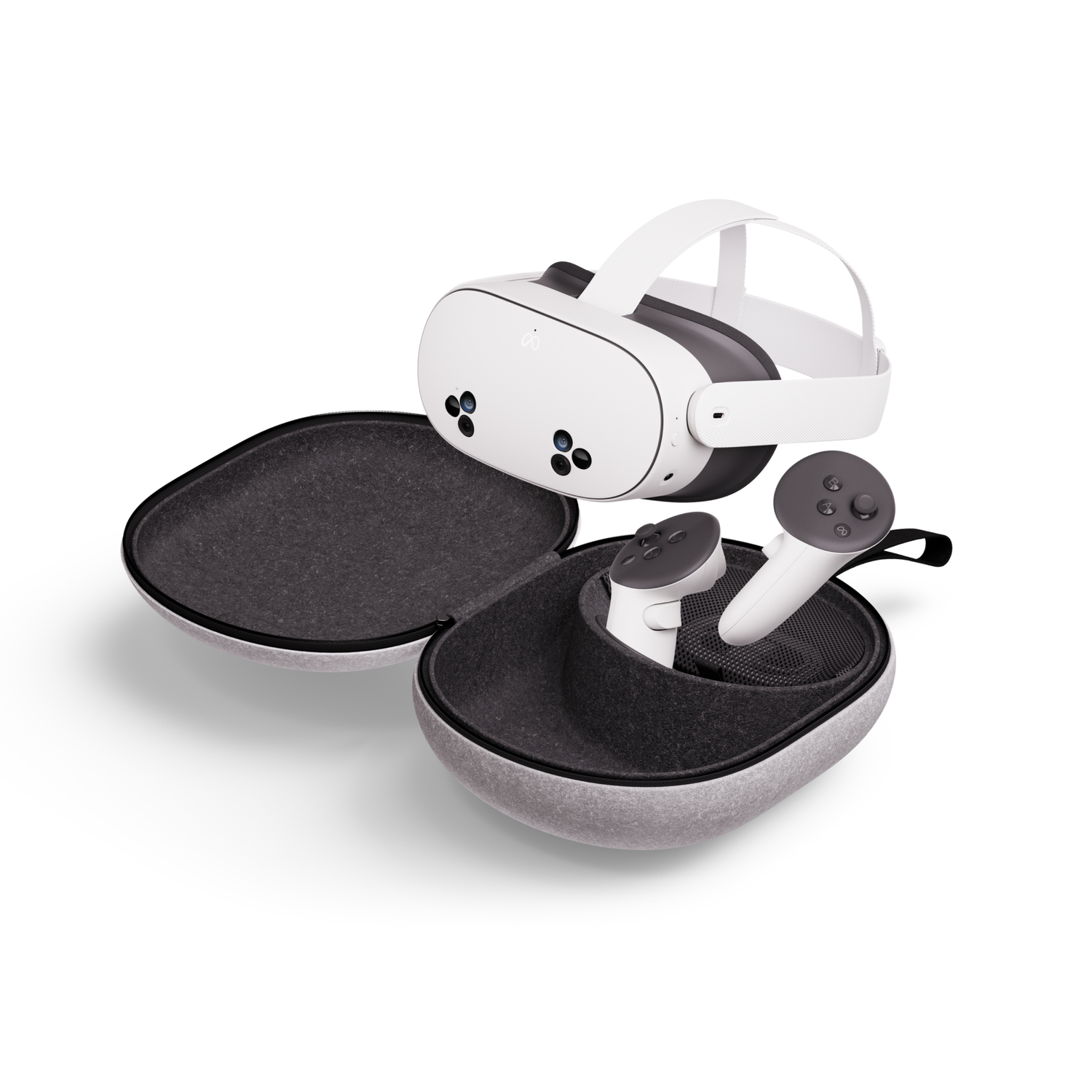 VR-headset en controllers in een case, witte en grijze kleuren.