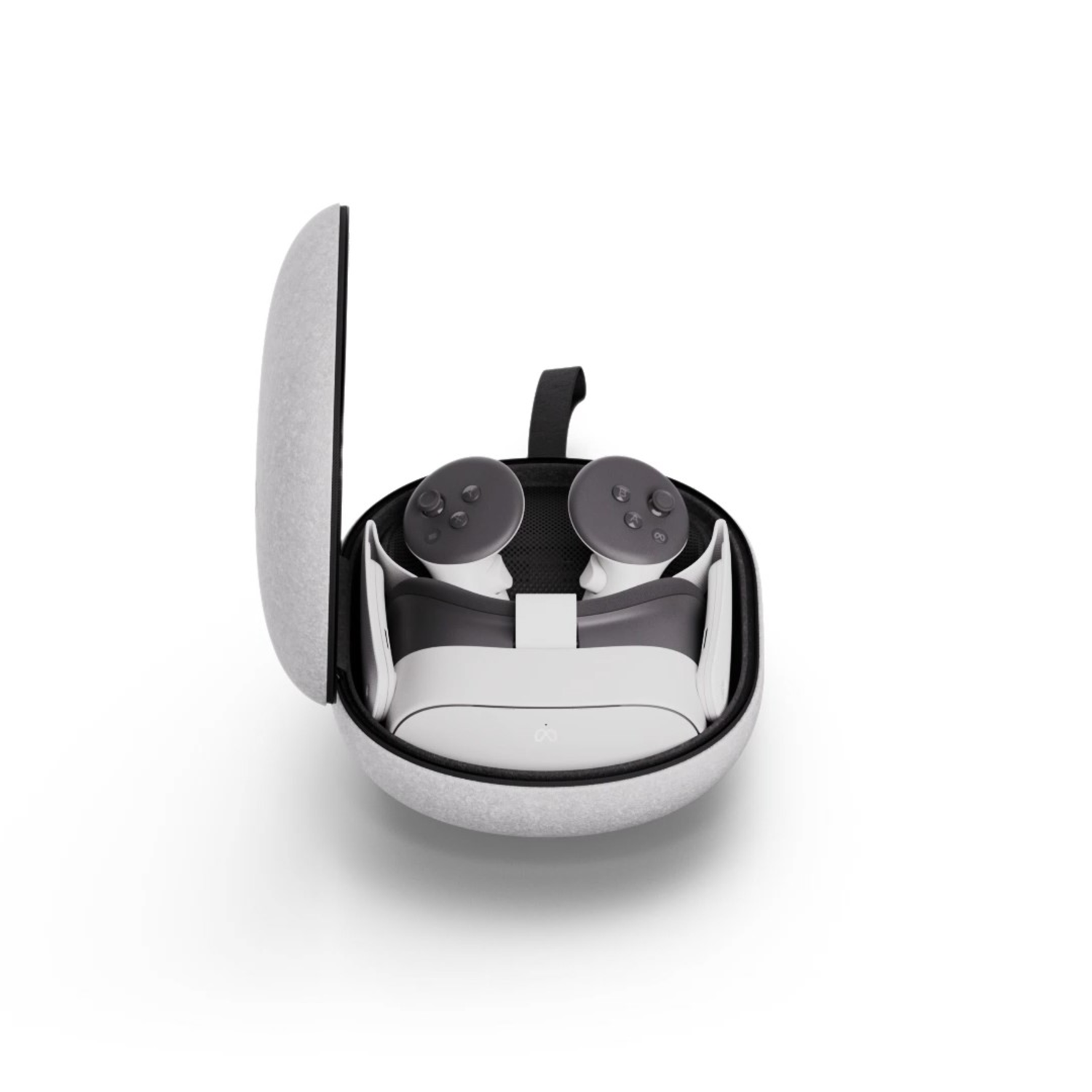 Geopende VR-headsetcase met headset en controllers erin, witte achtergrond.