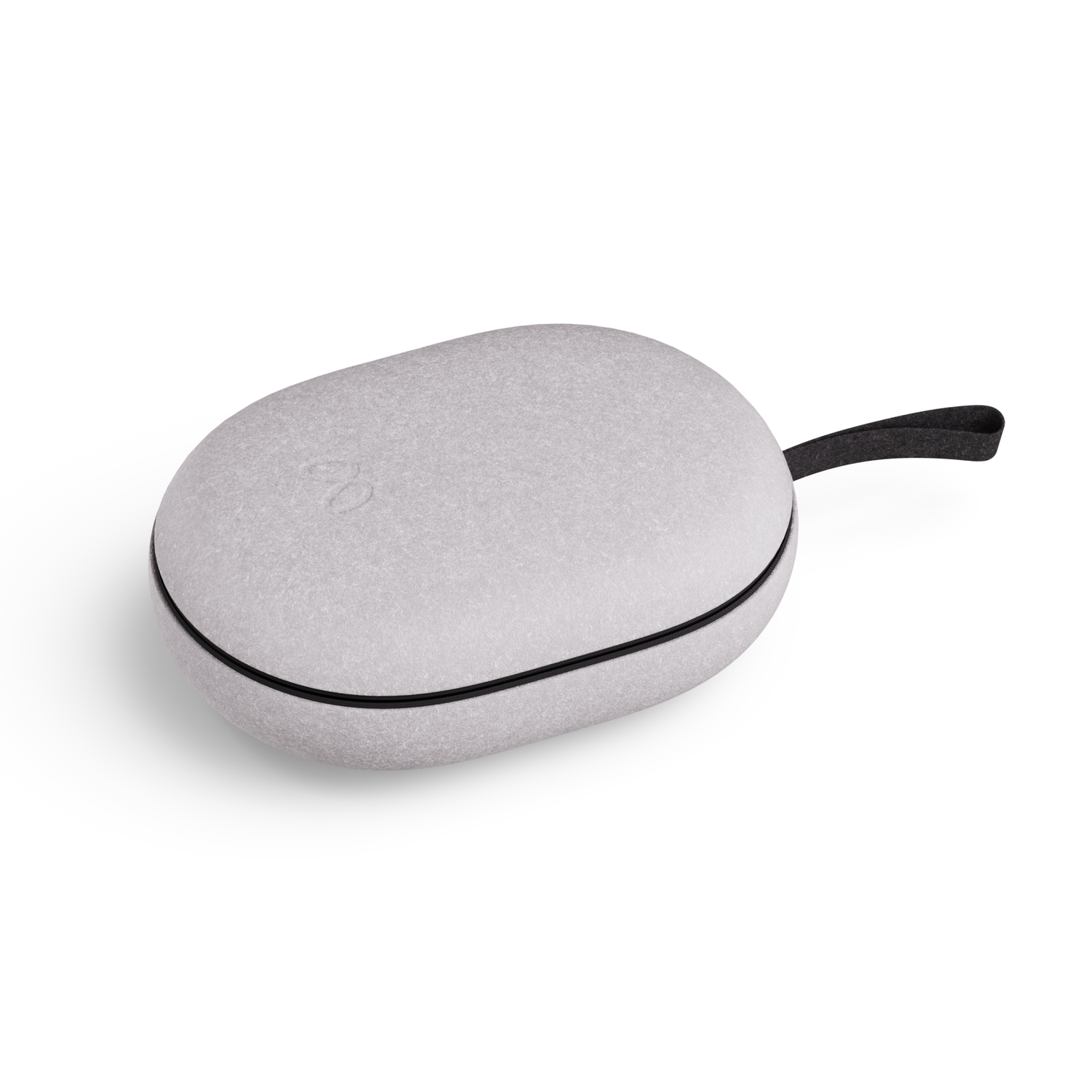 A light gray oval case with a black zipper and handle on a white surface, shadow present.