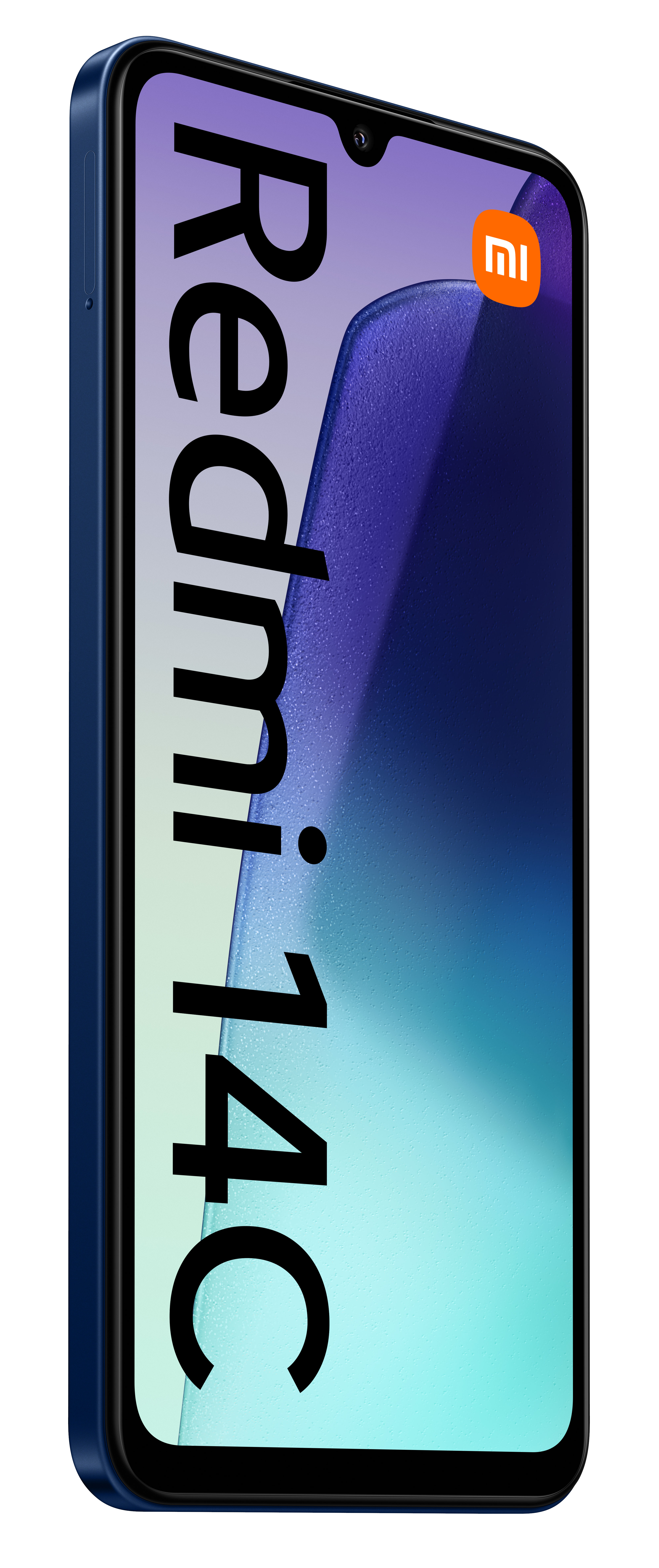 Granatowy telefon Redmi 14C. Ekran wyświetla kolorową grafikę i logo marki.