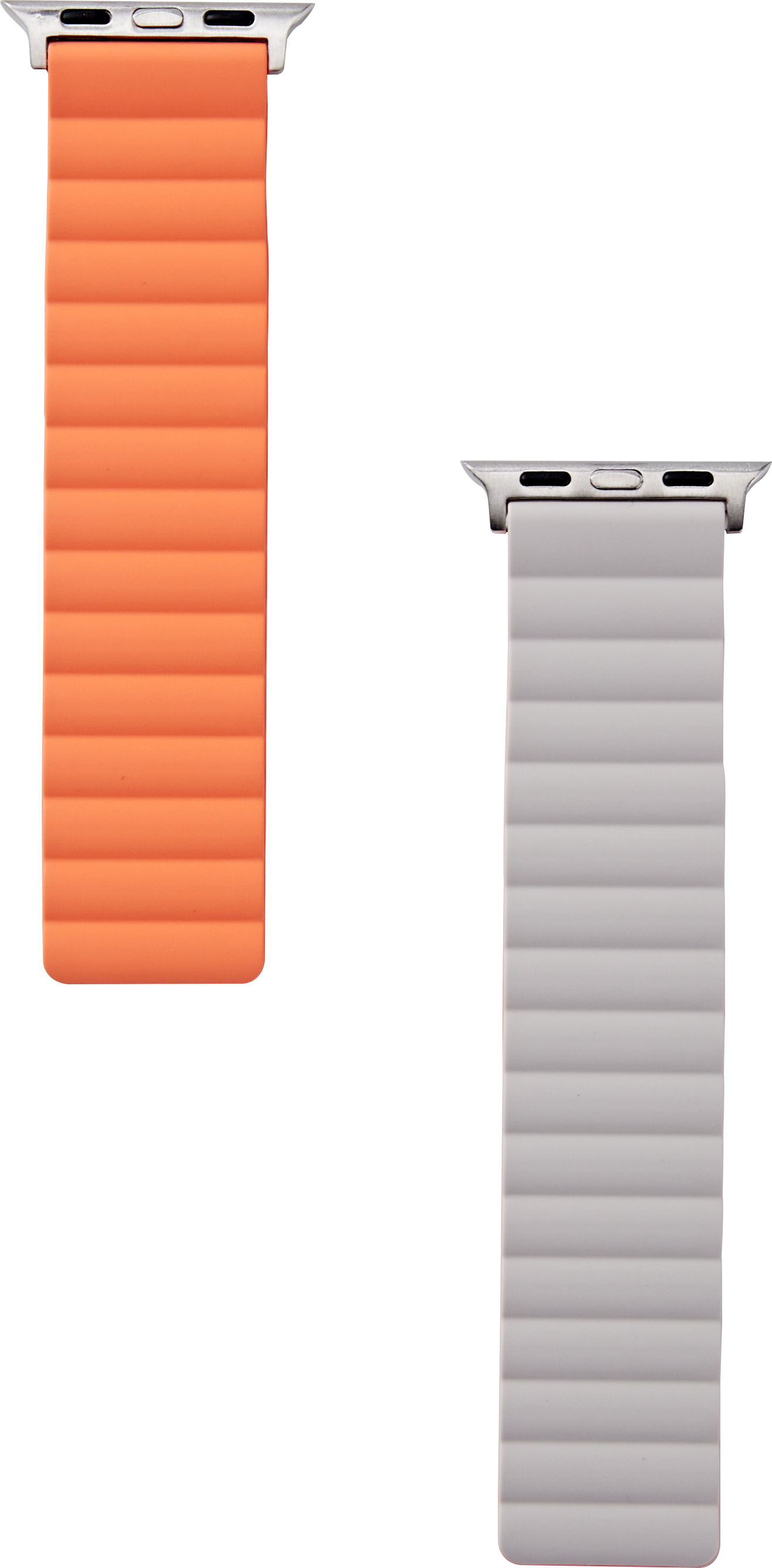 Zwei Apple Watch-Armbänder, orange und grau, auf weißem Hintergrund.