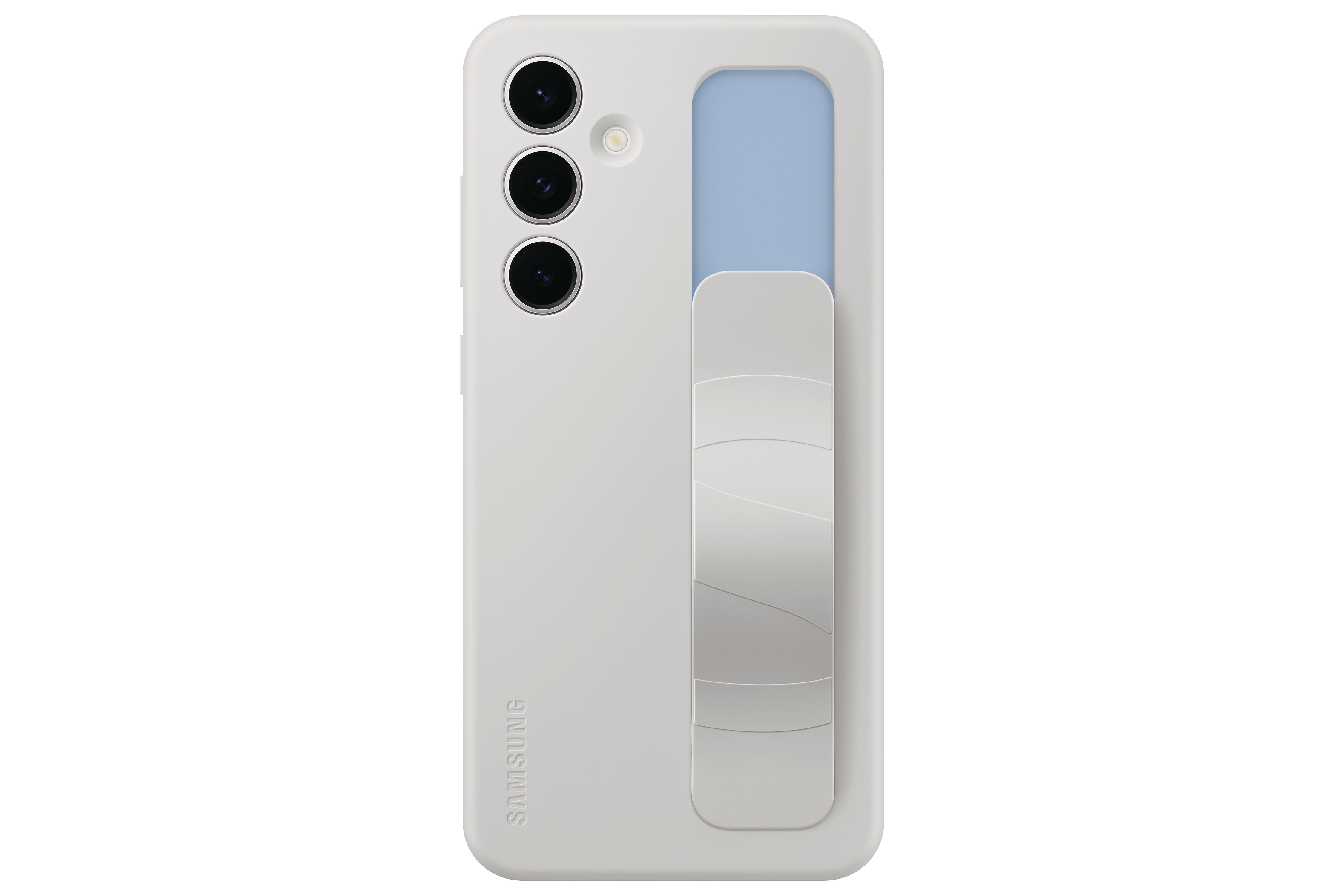 Weißes Telefon mit Kameras und Ständer.