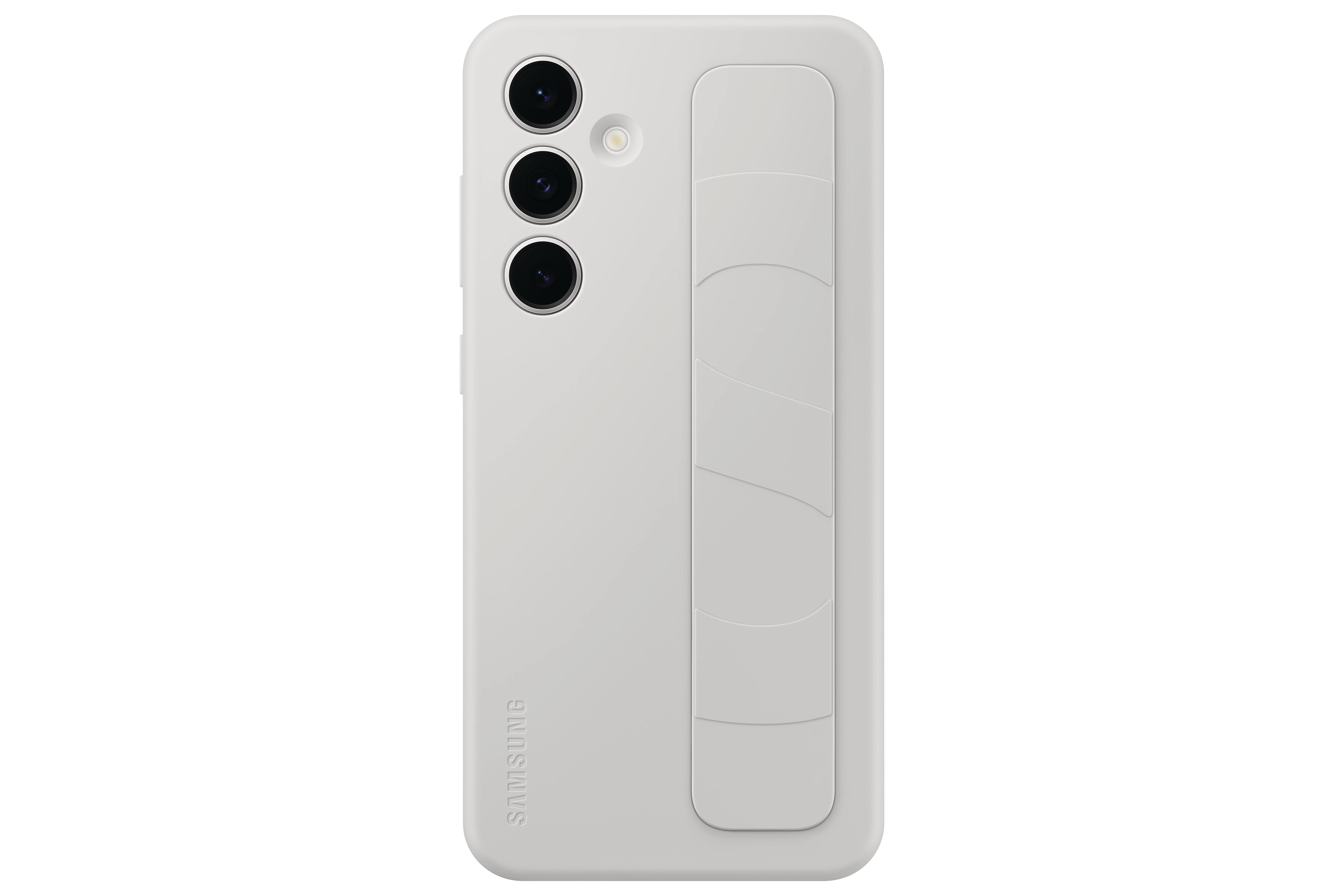 Weißes Telefon mit Dreifachkamera und Griff auf der Rückseite, Logo 'SAMSUNG' unten.