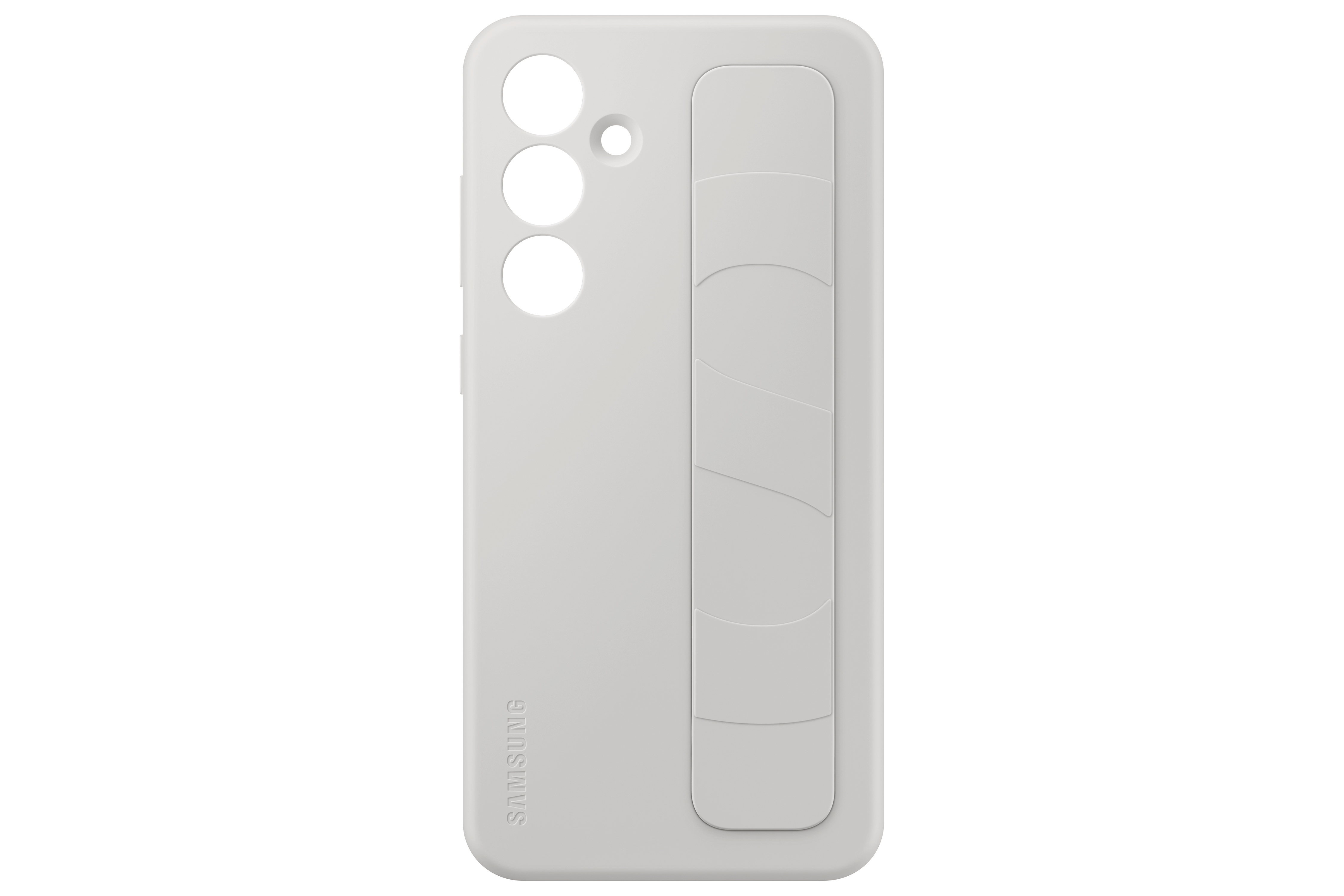 Weiße Samsung-Handyhülle mit Riemendesign und Kameralöchern.
