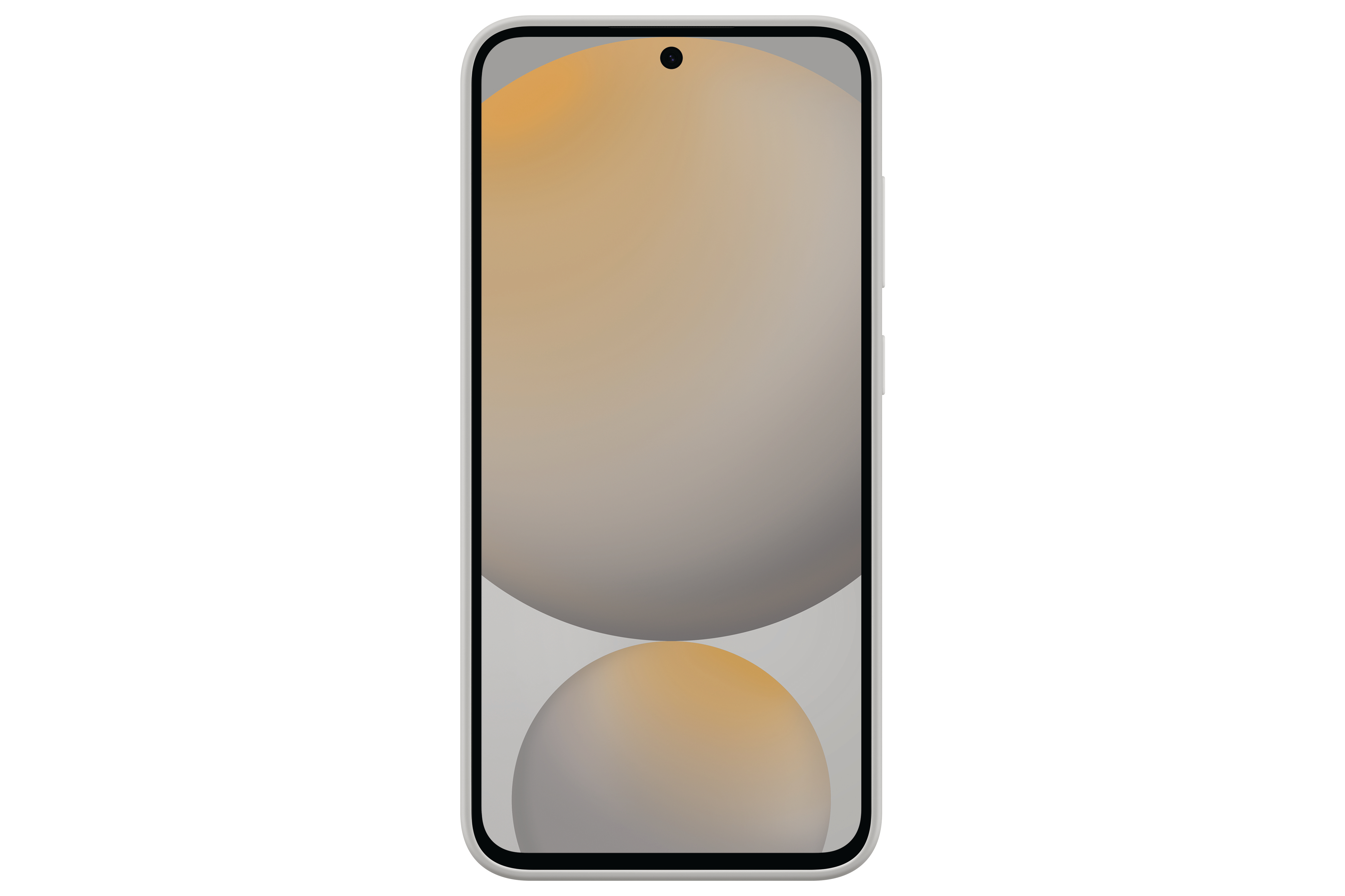 Ein Smartphone mit Bildschirm, der zwei sich überlappende Kugeln in Orange und Grau zeigt.