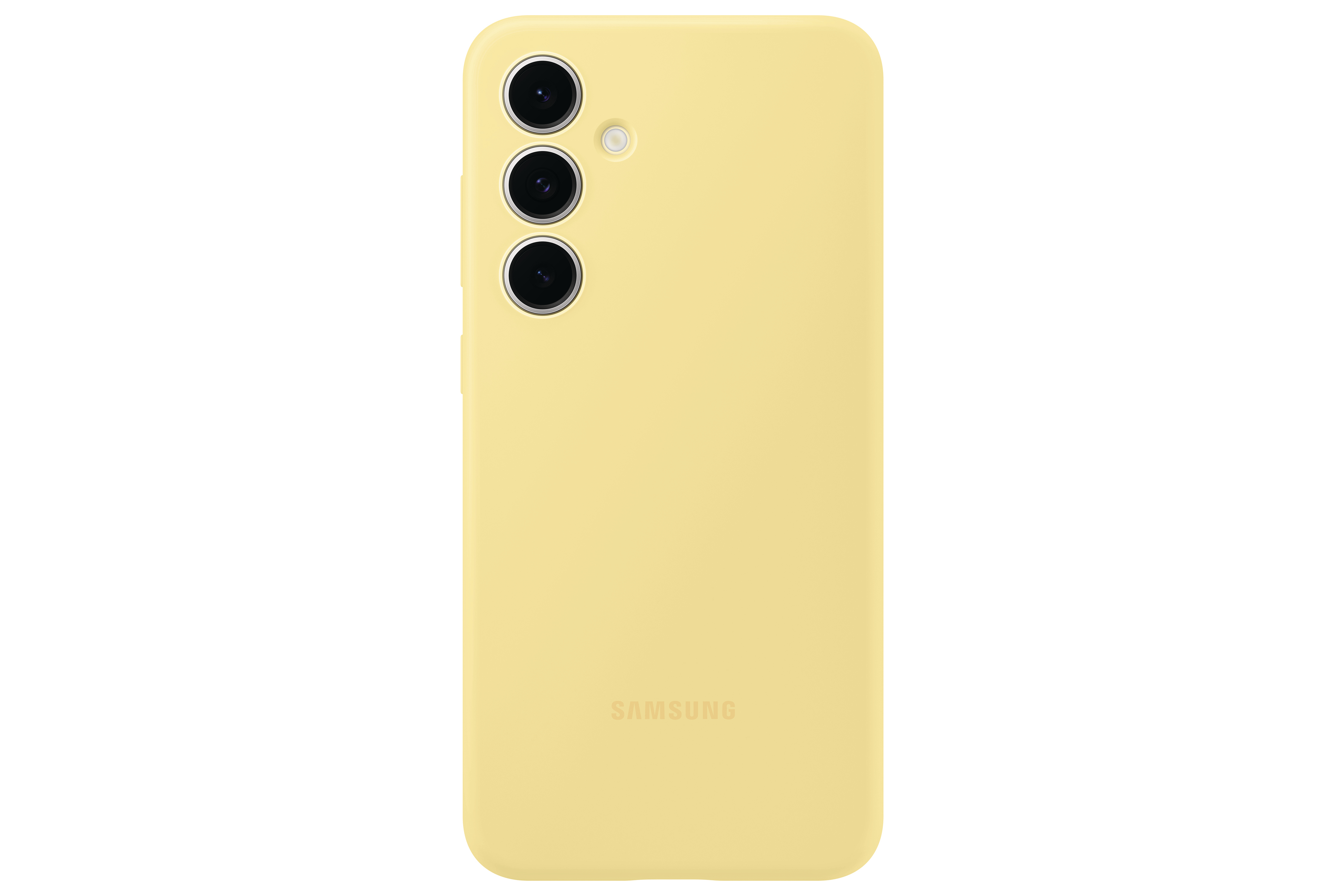 Eine gelbe Telefonhülle mit drei Kameralinsen und einem Samsung-Logo auf weißem Hintergrund.