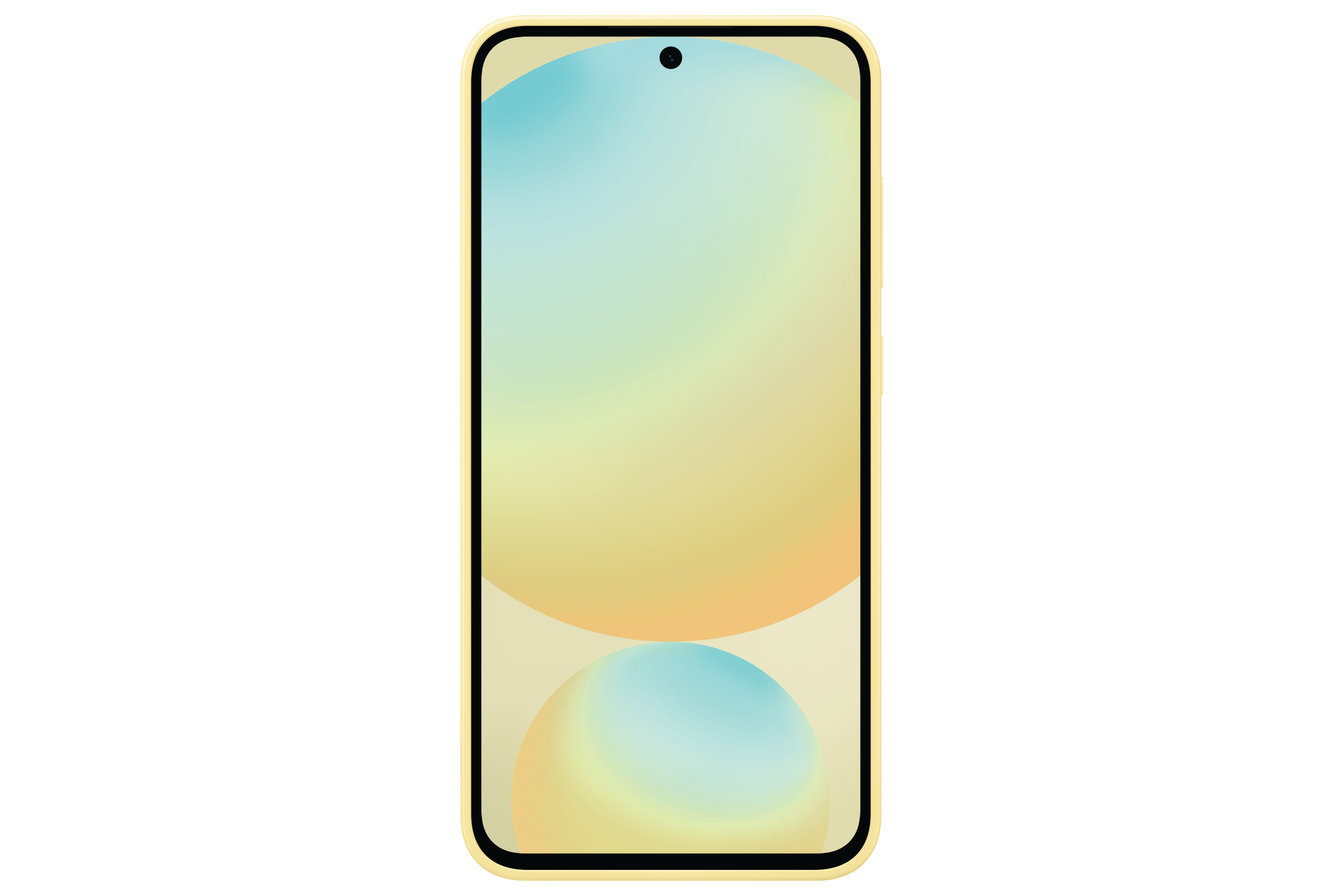 Smartphone mit gelbem Rahmen und Bildschirm mit Farbverläufen und Kamera.