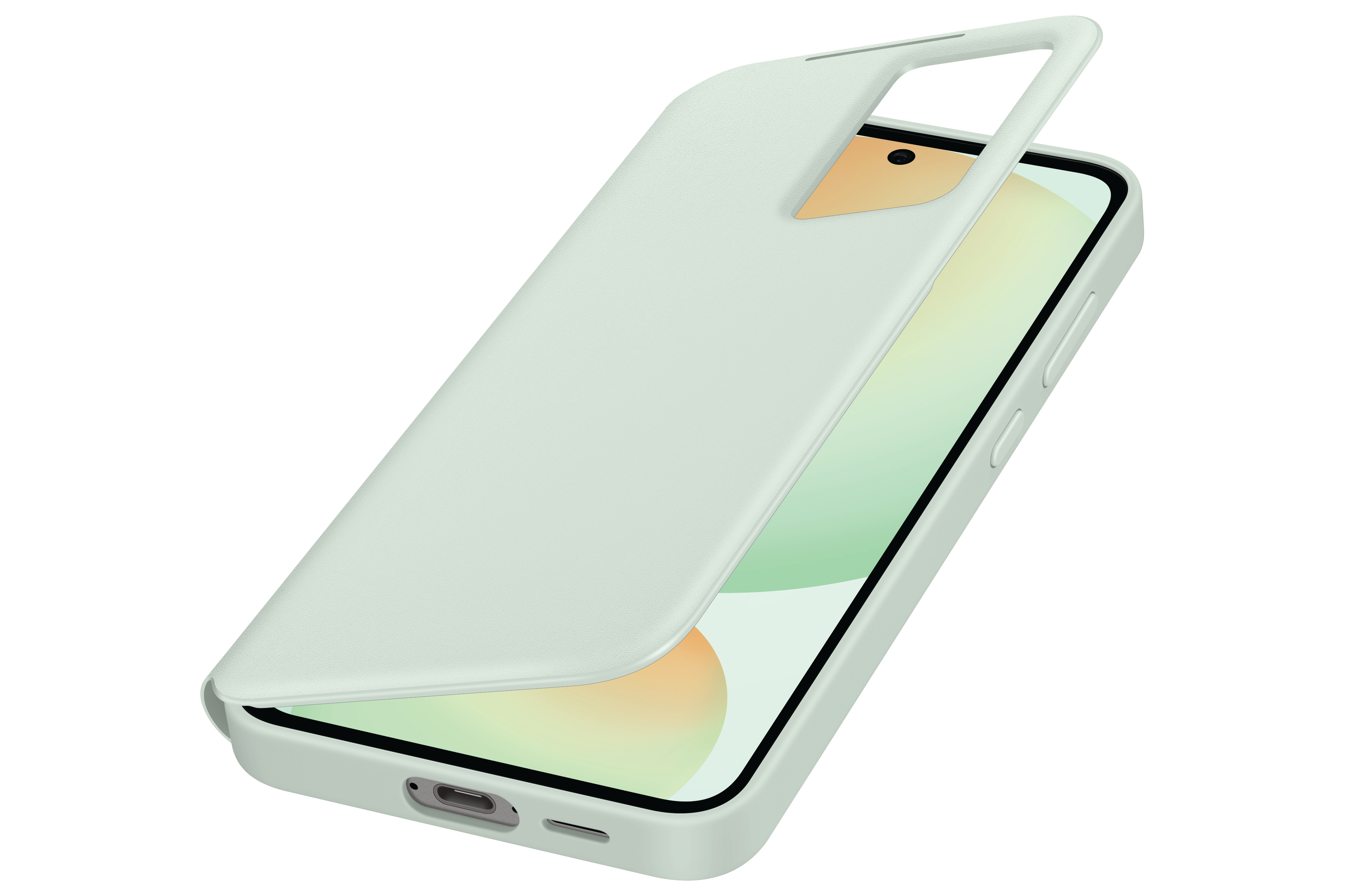 Eine hellgrüne Handyhülle, teilweise geöffnet, über einem Telefon mit gelber Rückseite. Weißer Hintergrund.