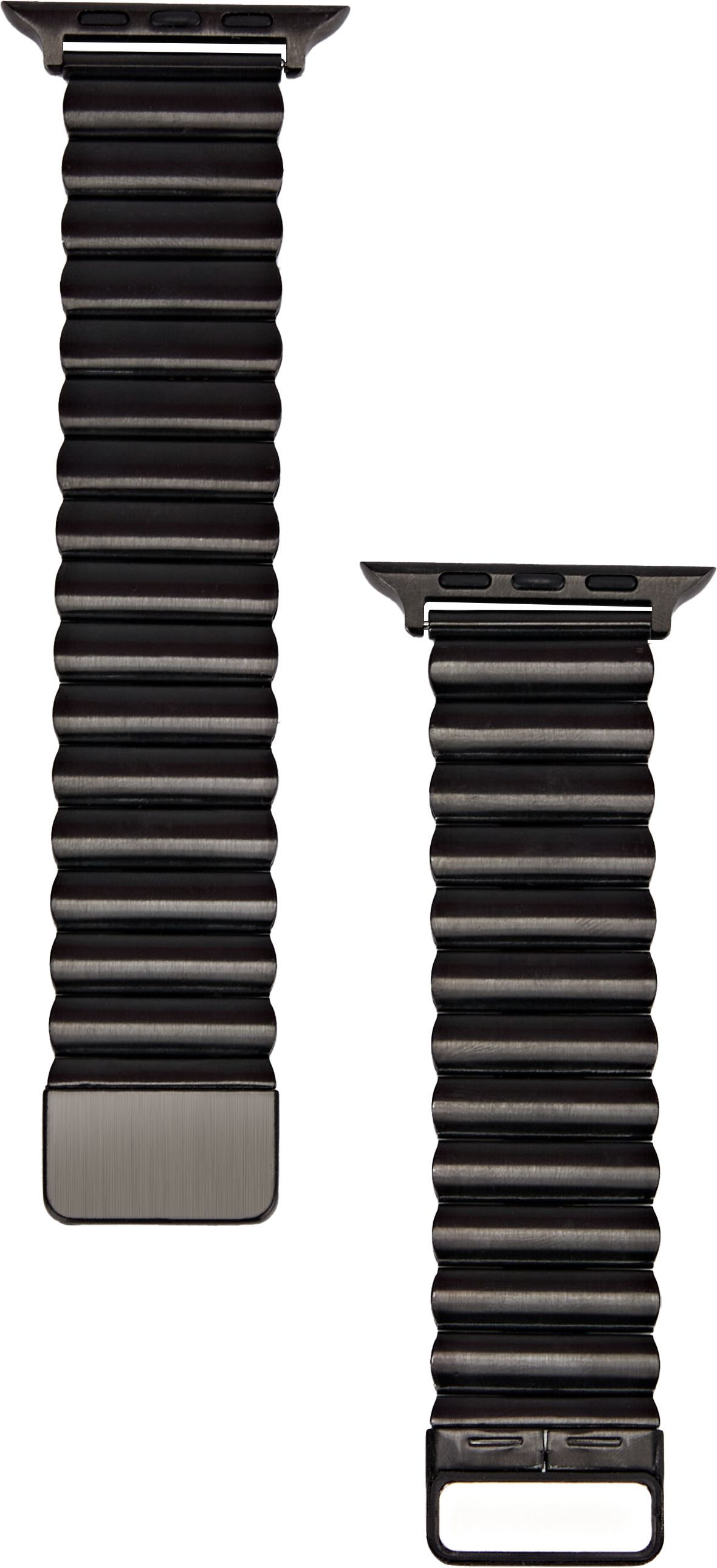 Zwei Armbänder, schwarz und strukturiert, mit Magnetverschluss, vor weißem Hintergrund.