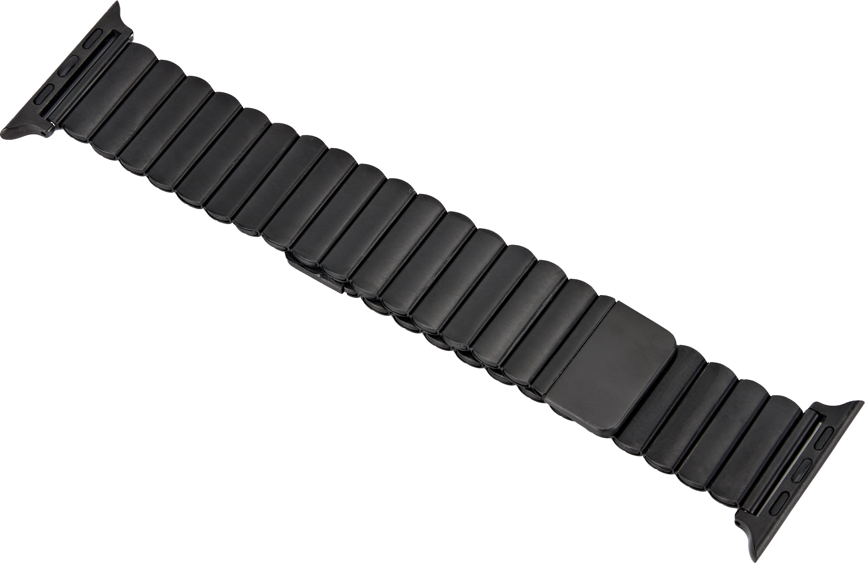 Schwarzes Uhrenarmband mit Magnetverschluss. Das Band besteht aus kleinen, verbundenen Segmenten.