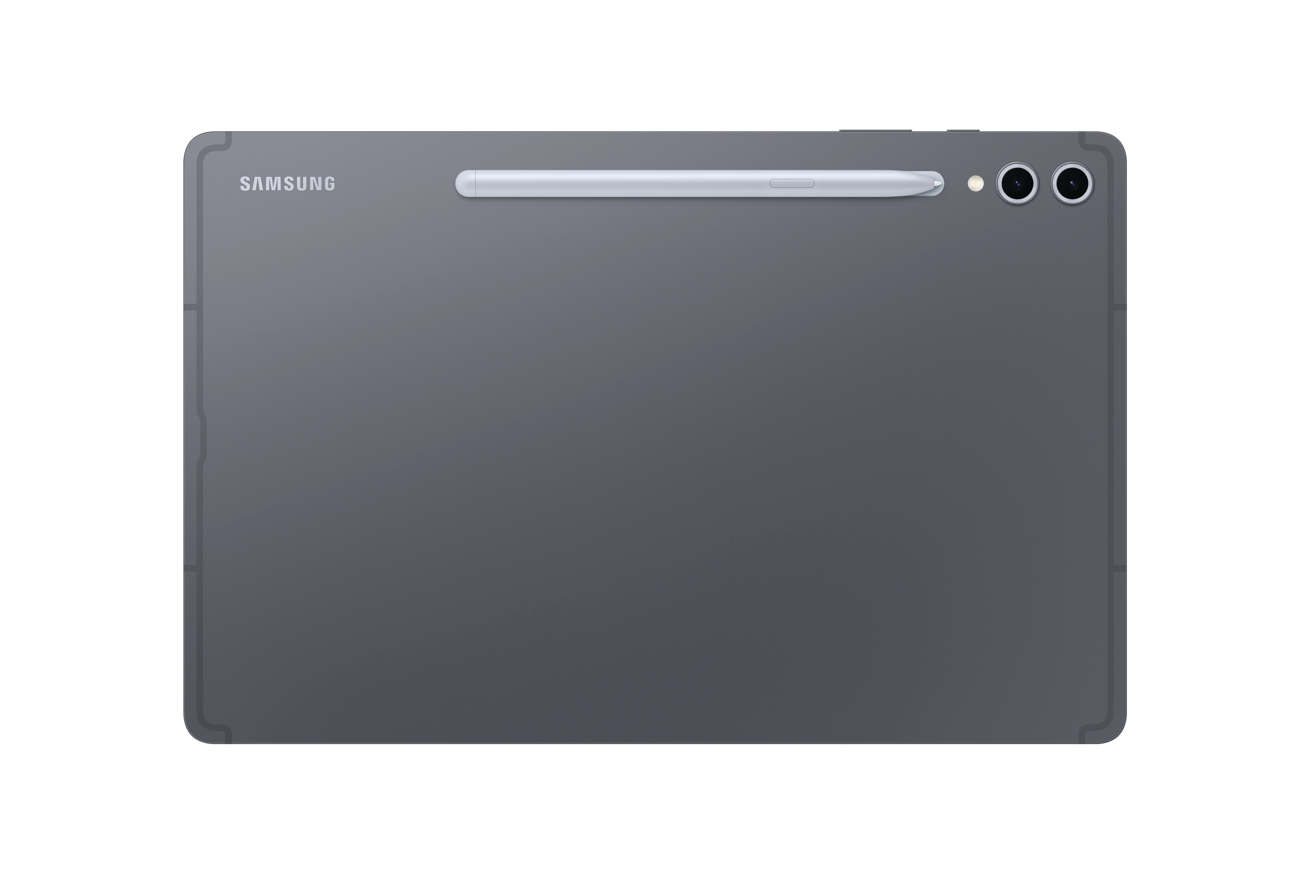 Graue Tablet-Rückansicht mit Stift und Kamera-Setup auf weißem Hintergrund.