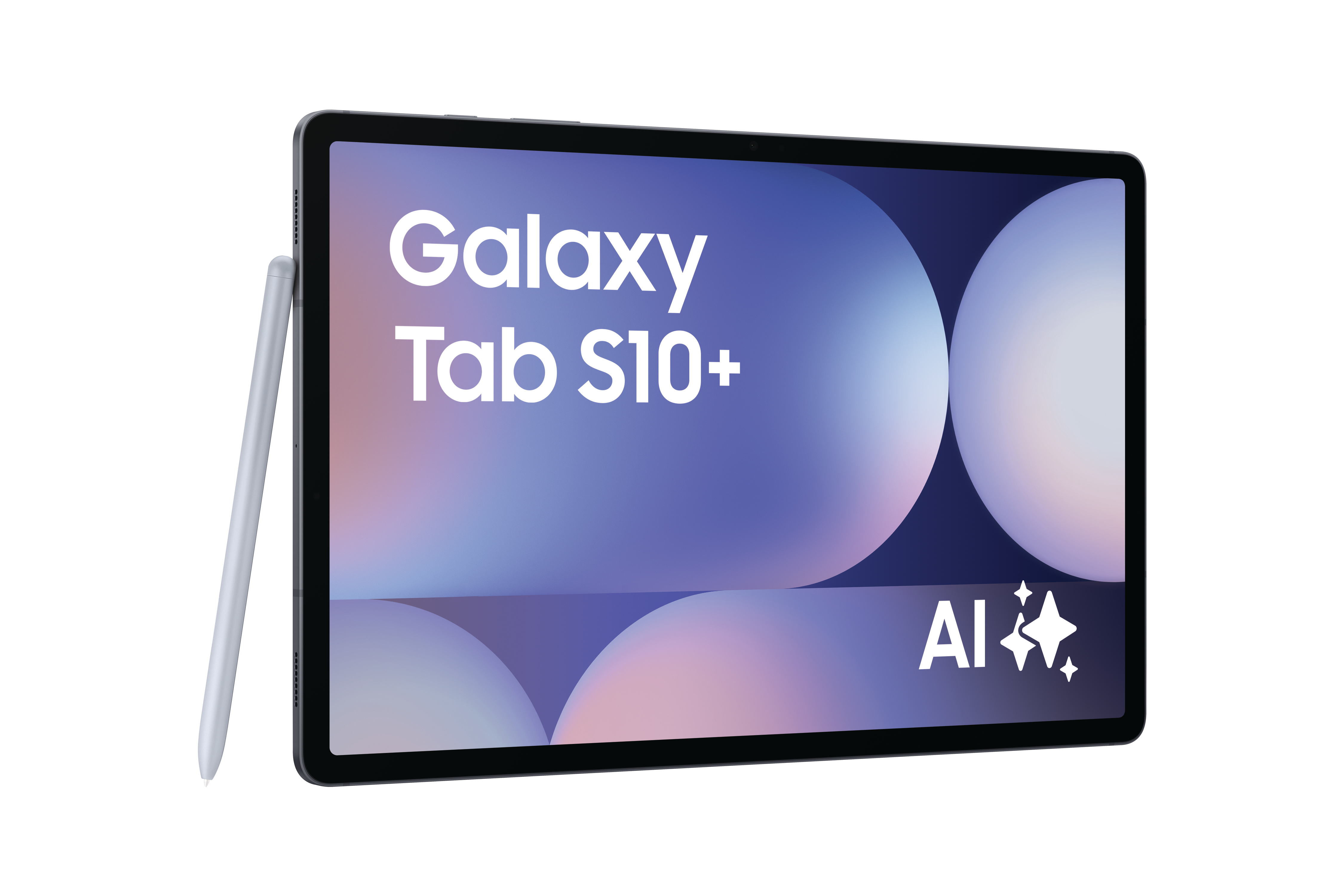 Ein Tablet mit Stift, mit Text 'Galaxy Tab S10+' und 'AI'. Weißer Hintergrund mit blauen Kreisen.