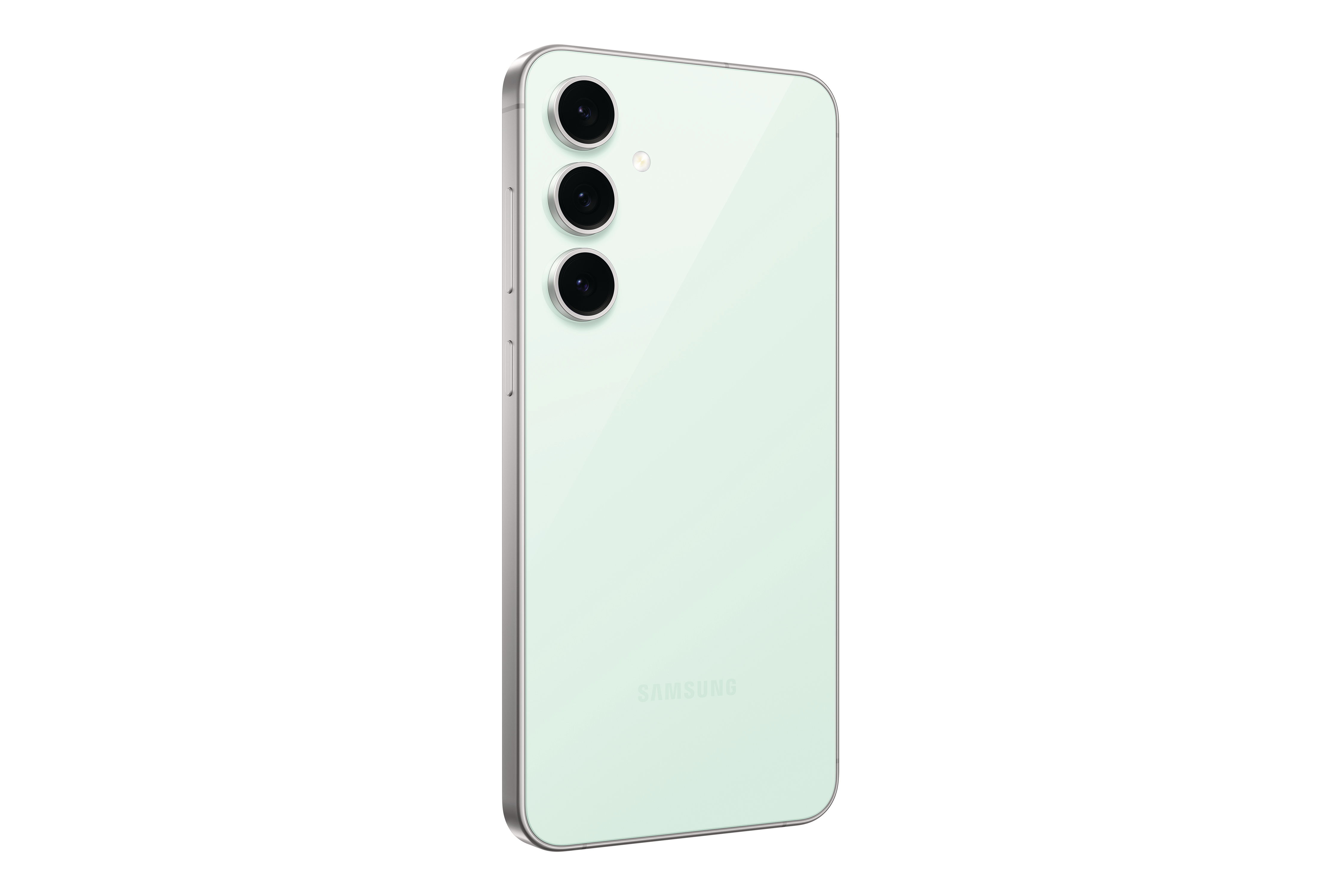 Mintgrünes Smartphone mit Dreifach-Kameraobjektiven, vor weißem Hintergrund.