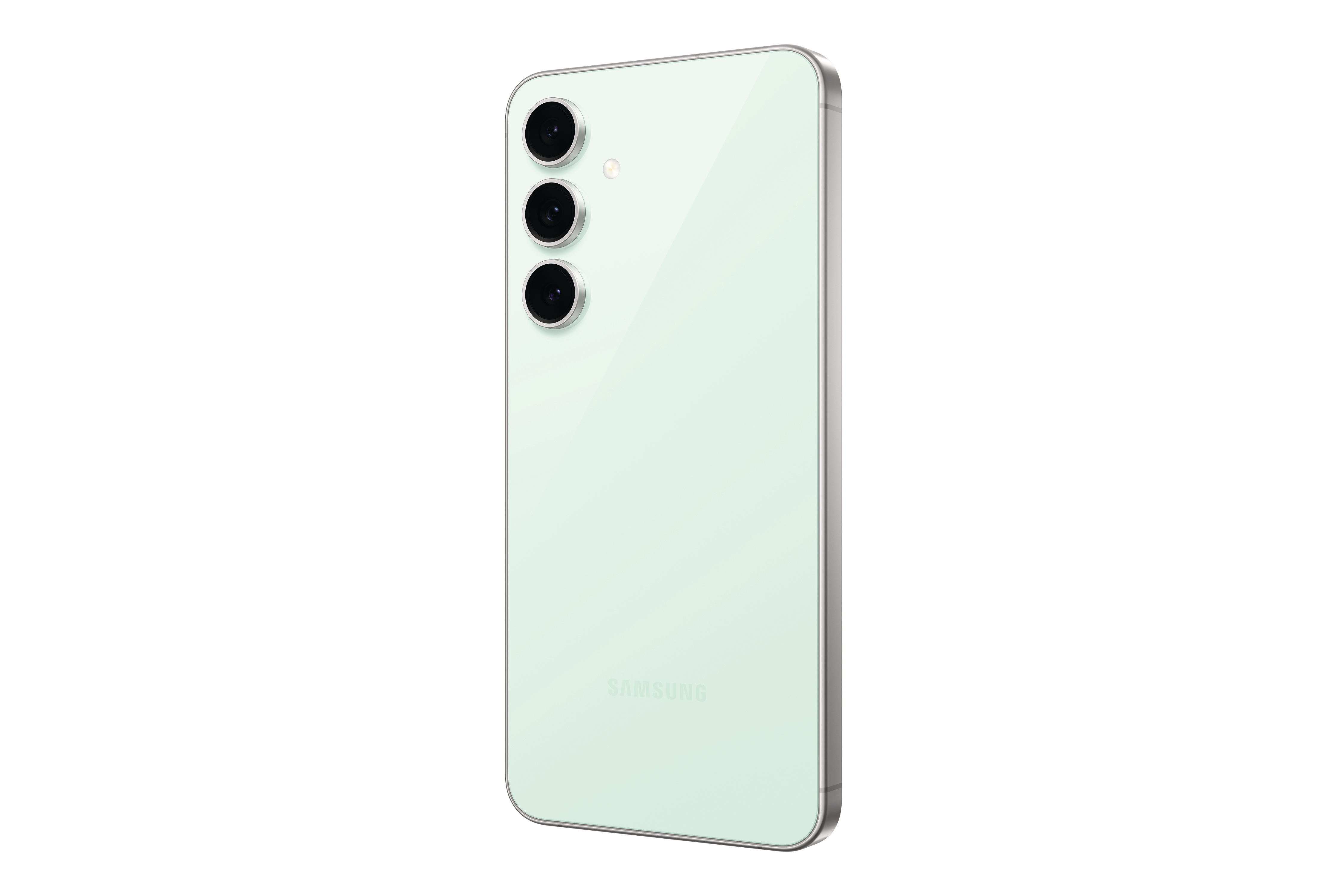 Mintgrüne Telefonrückseite, drei Kameras und das Samsung-Logo.