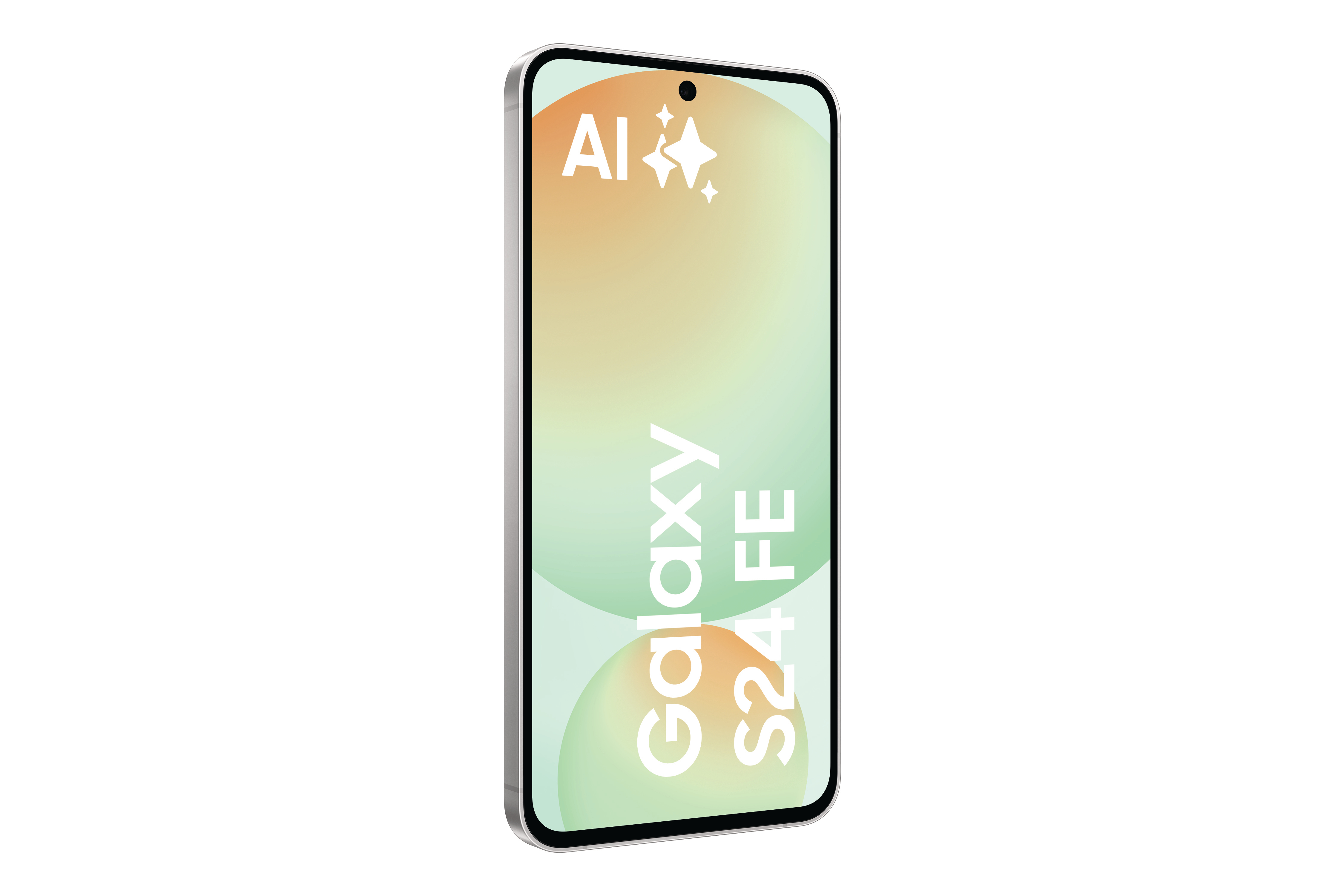Ein Smartphone mit Gradientenbildschirm, das Modell Galaxy S24 FE, vor weißem Hintergrund.
