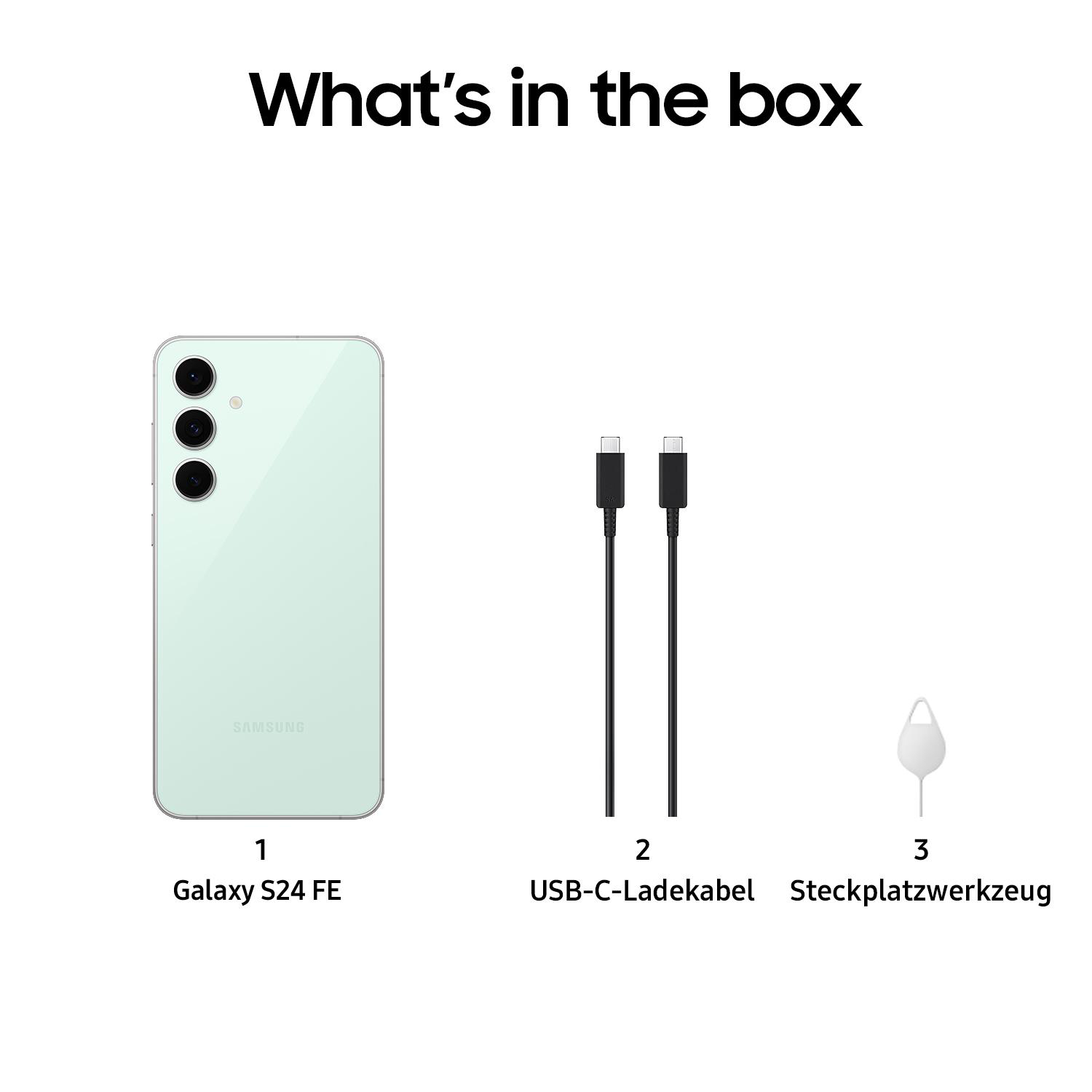 Der Lieferumfang eines Samsung Galaxy S24 FE: Telefon, Kabel und SIM-Werkzeug.
