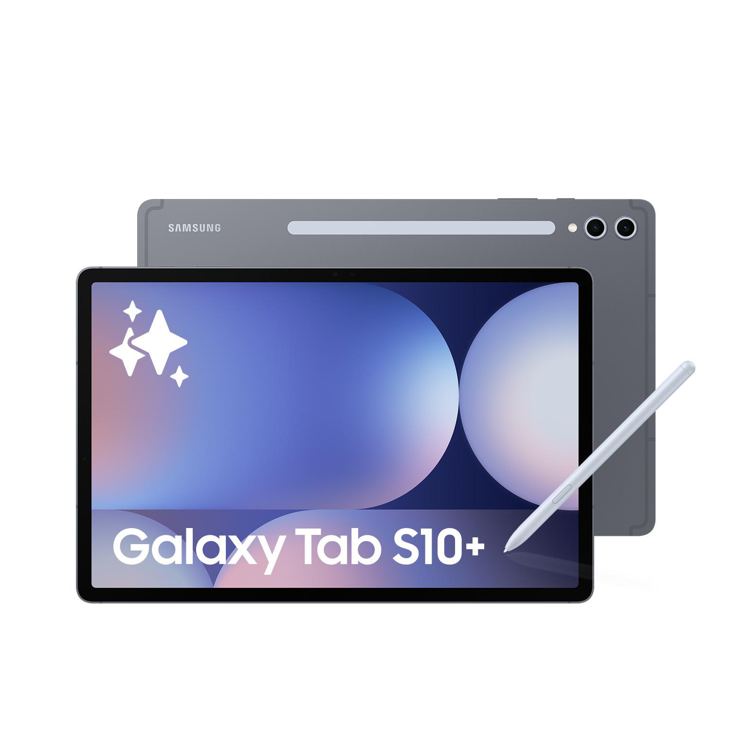 Tablet mit Galaxy Tab S10+ auf dem Bildschirm und Stift. Graues Tablet im Hintergrund. Weißer Hintergrund.