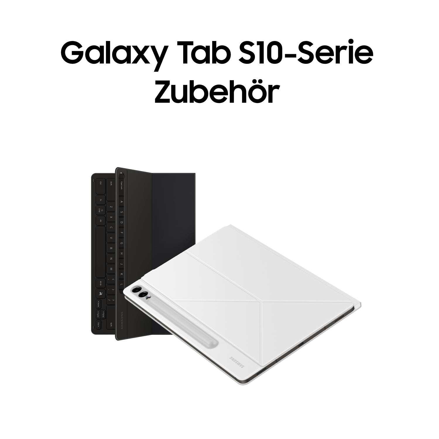 Zubehör für die Galaxy Tab S10-Serie, einschließlich einer Tastatur und einer weißen Hülle mit Stift.